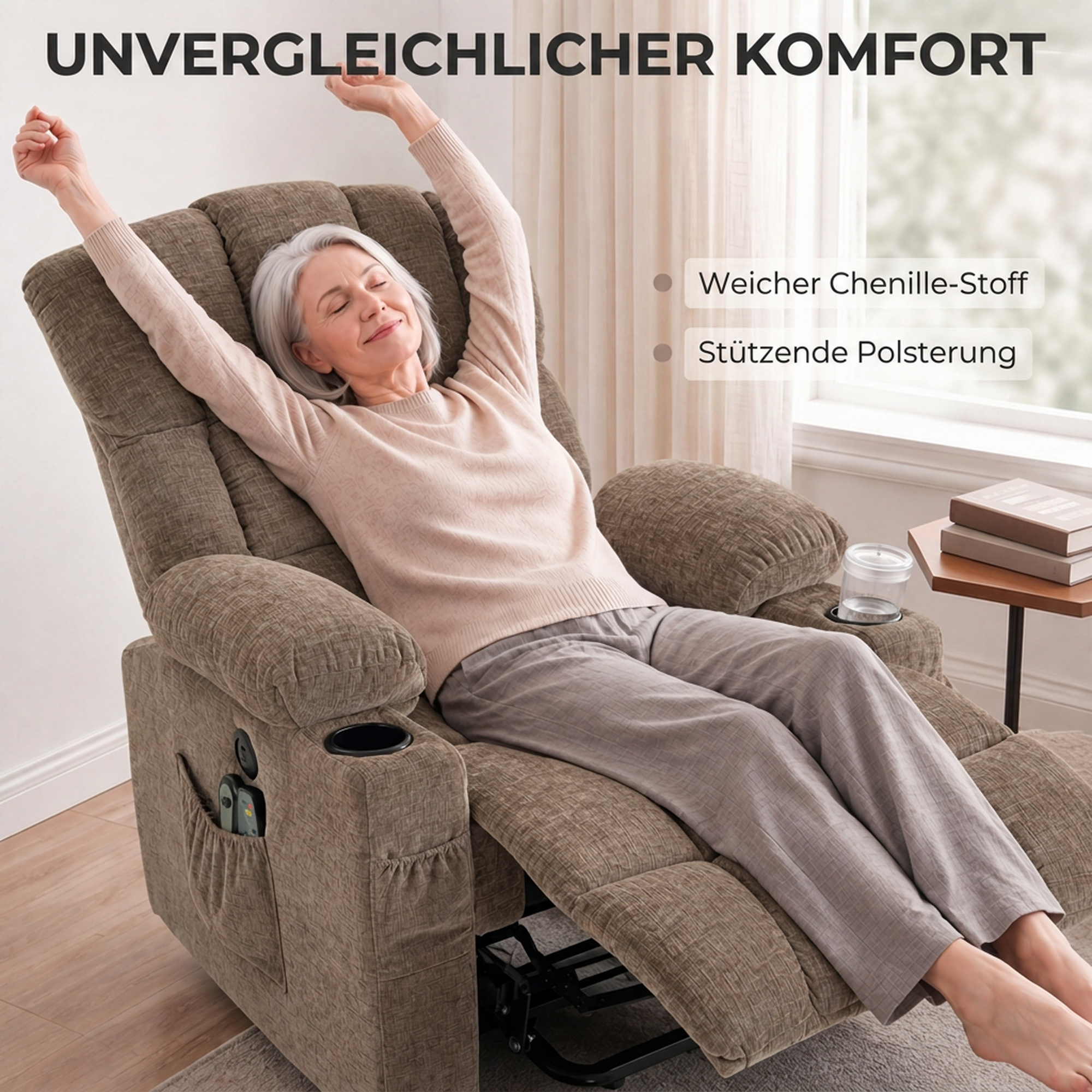 Fernsehsessel mit Aufstehhilfe, Elektrischer Relaxsessel mit Massage & Wärme, Liegefunktion, USB-Anschlüssen, Braun