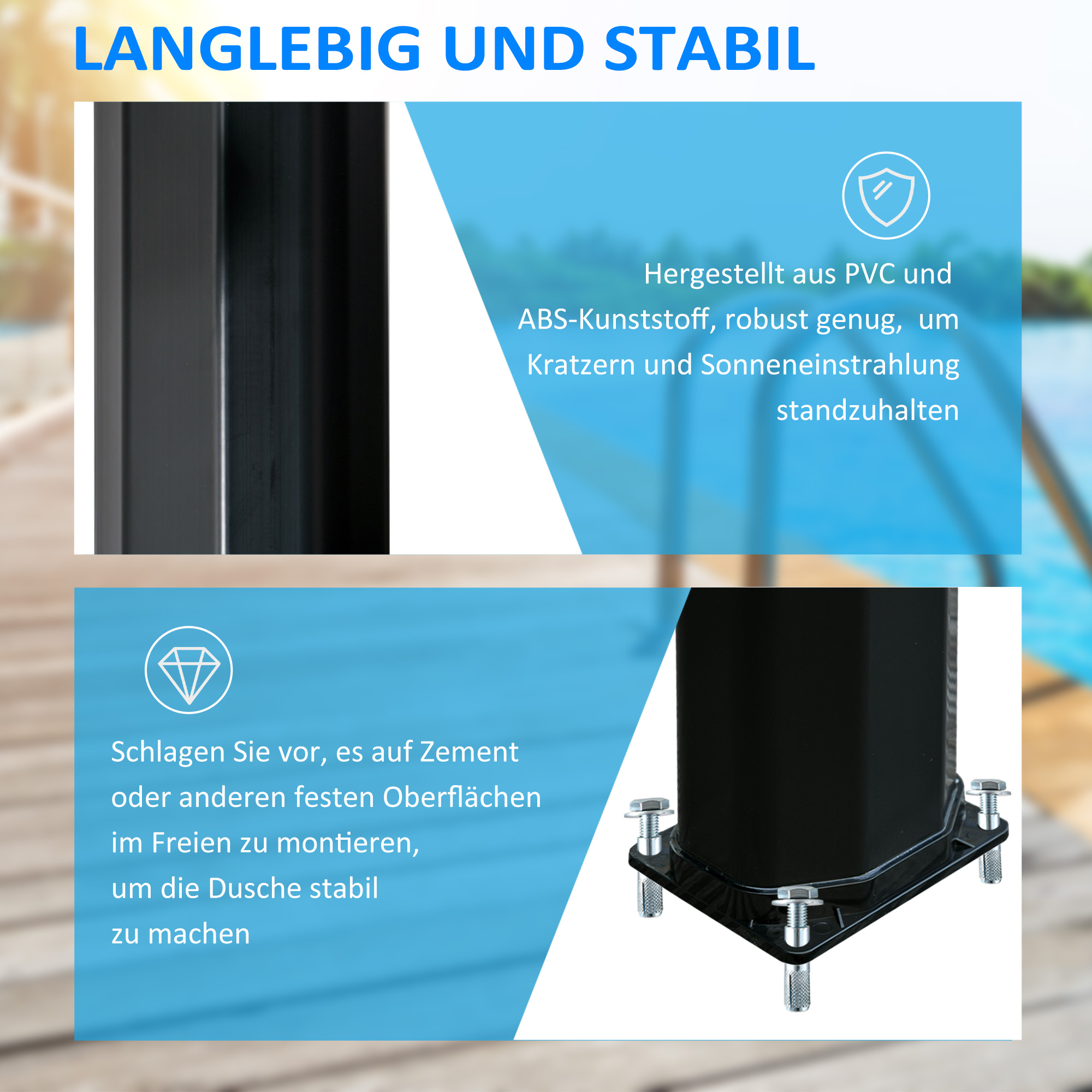 Solardusche 35 Liter 0-55 ? warmes Wasser Camping Pooldusche mit Wasserhahn und Regenduschkopf Schwarz 17,5 x 14,5 x 216 cm
