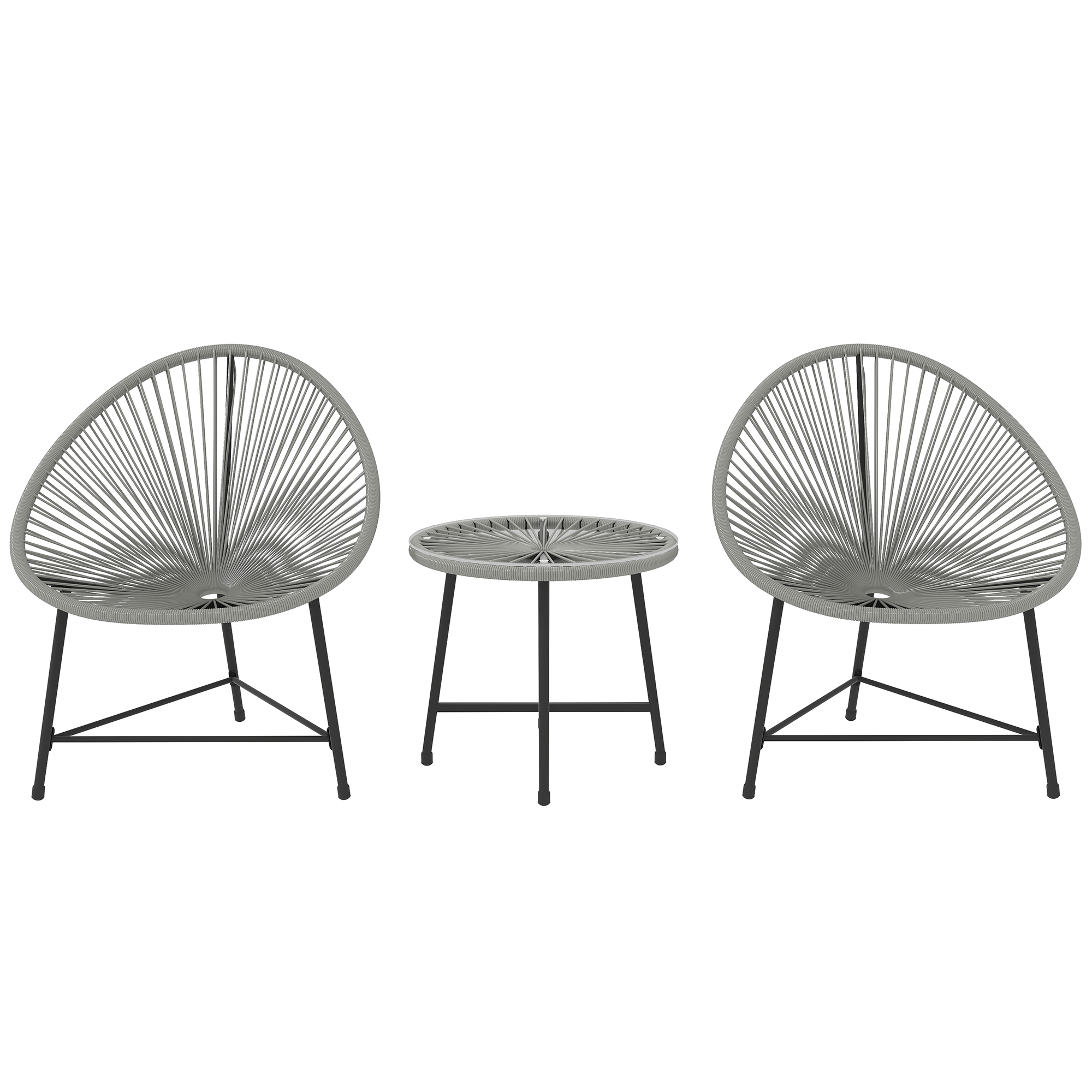 3-teiliges Gartenmöbel-Set, 2 Kunststoffrattan-Stühle, 1 Tisch mit Glasplatte, Stahlrahmen, Outdoor-Sitzmöbel, Grau