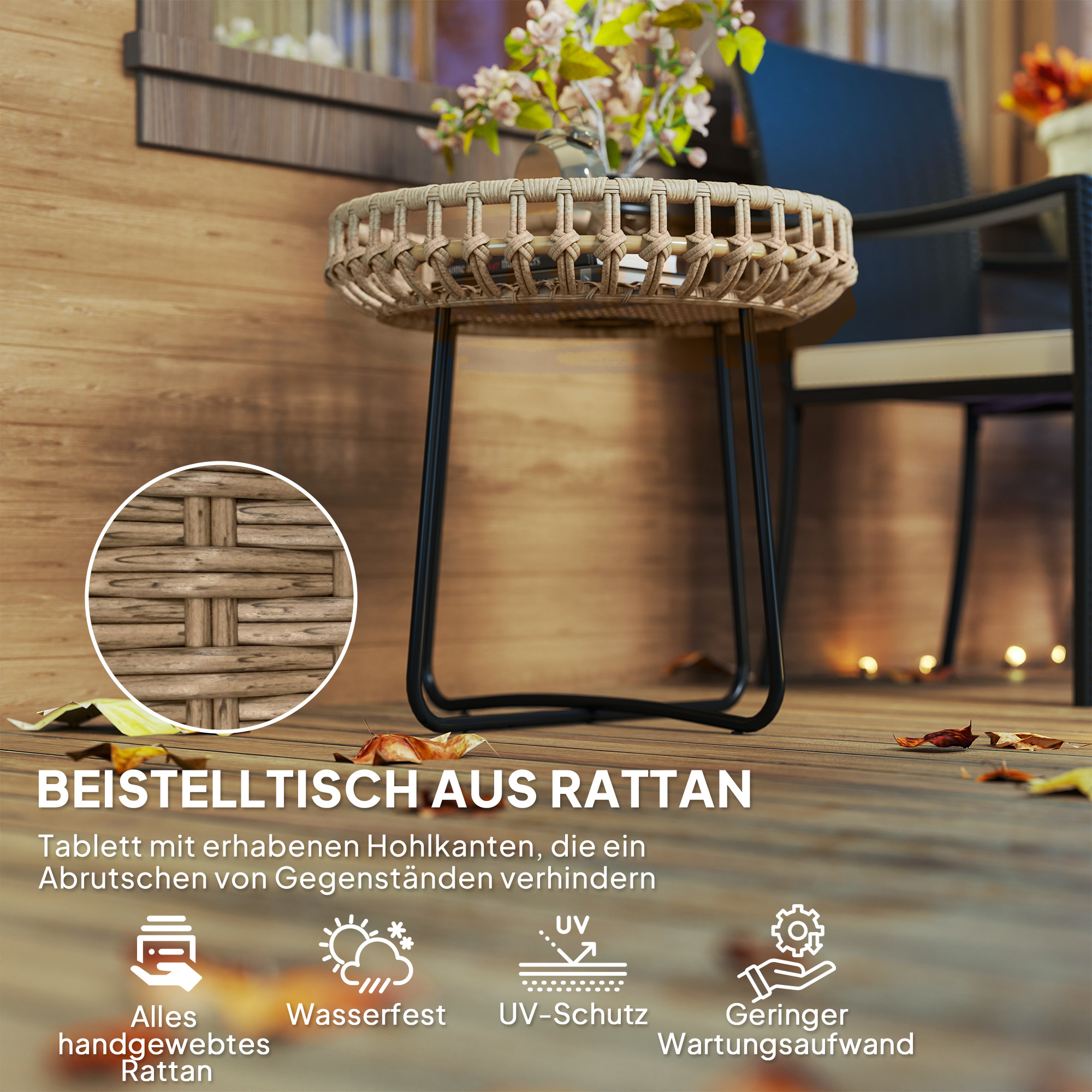 2er Set Beistelltisch Polyrattan Ø60/41 cm rund wetterfest Gartentisch mit X-Beine Verstellbare Fußpads Braun