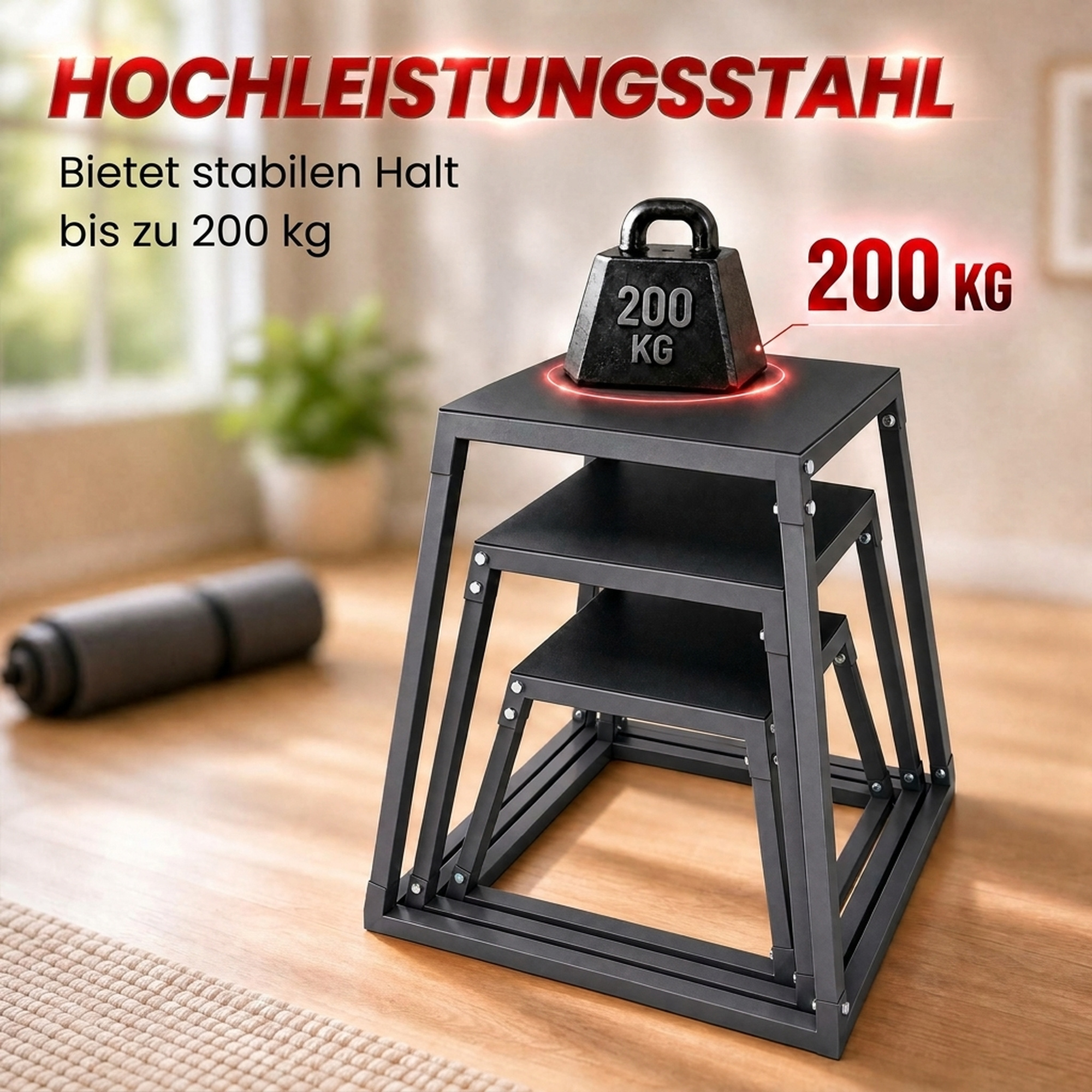 Plyometrische Sprungboxen 3er Set 30,5/45,8/61 cm Stapelbare Plyo Jump Box aus Stahl bis 200 kg