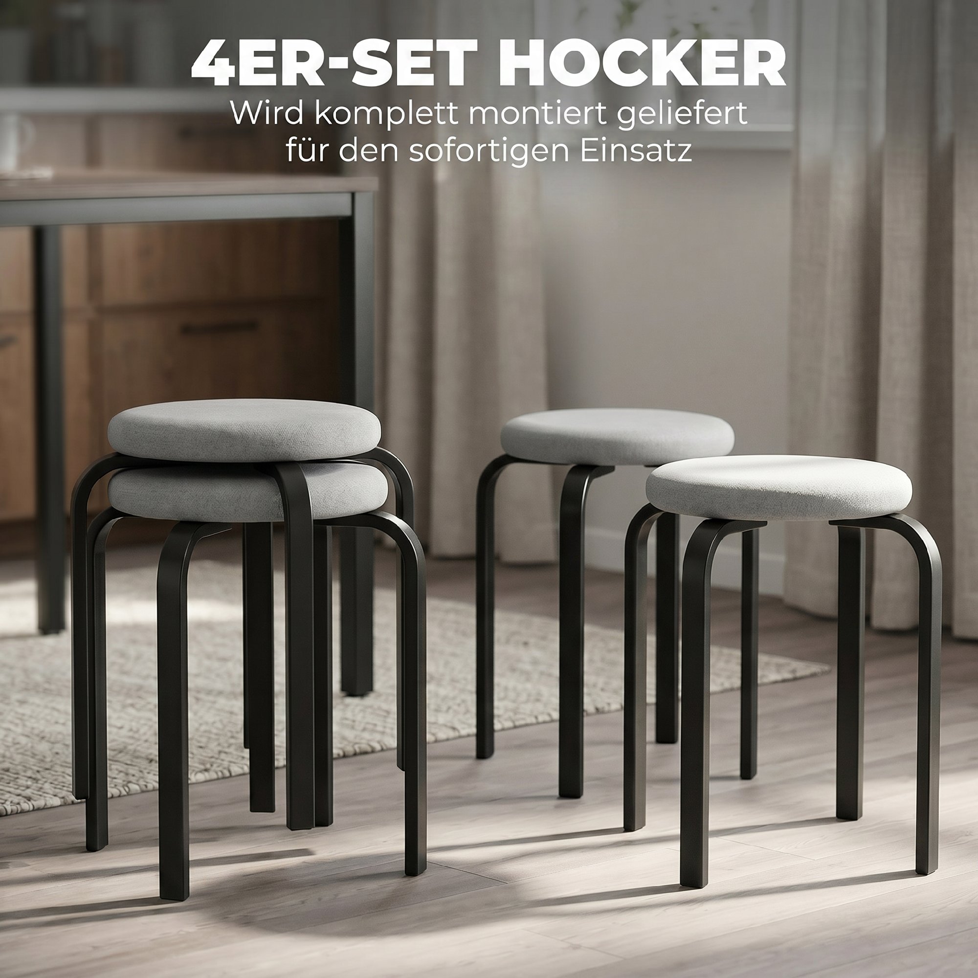 Stapelhocker Set mit 4 Stück, Moderne Gepolsterte Runde Hocker ohne Rückenlehne für Küche, Esszimmer, Grau