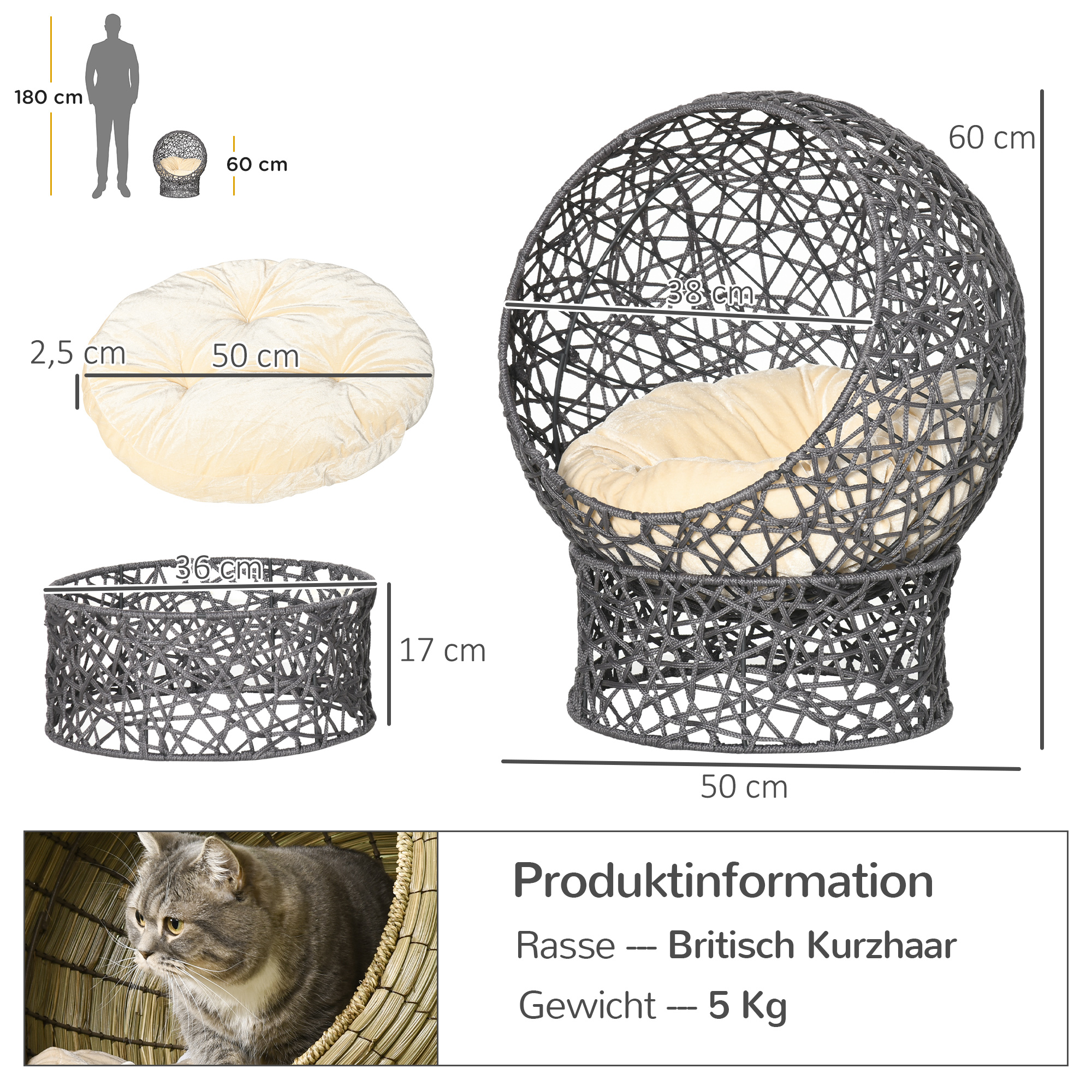Katzenkorb, Katzenhöhle inkl. Kissen, 2-teilig, 50 cm x 50 cm x 60 cm, Cremeweiß + Anthrazit