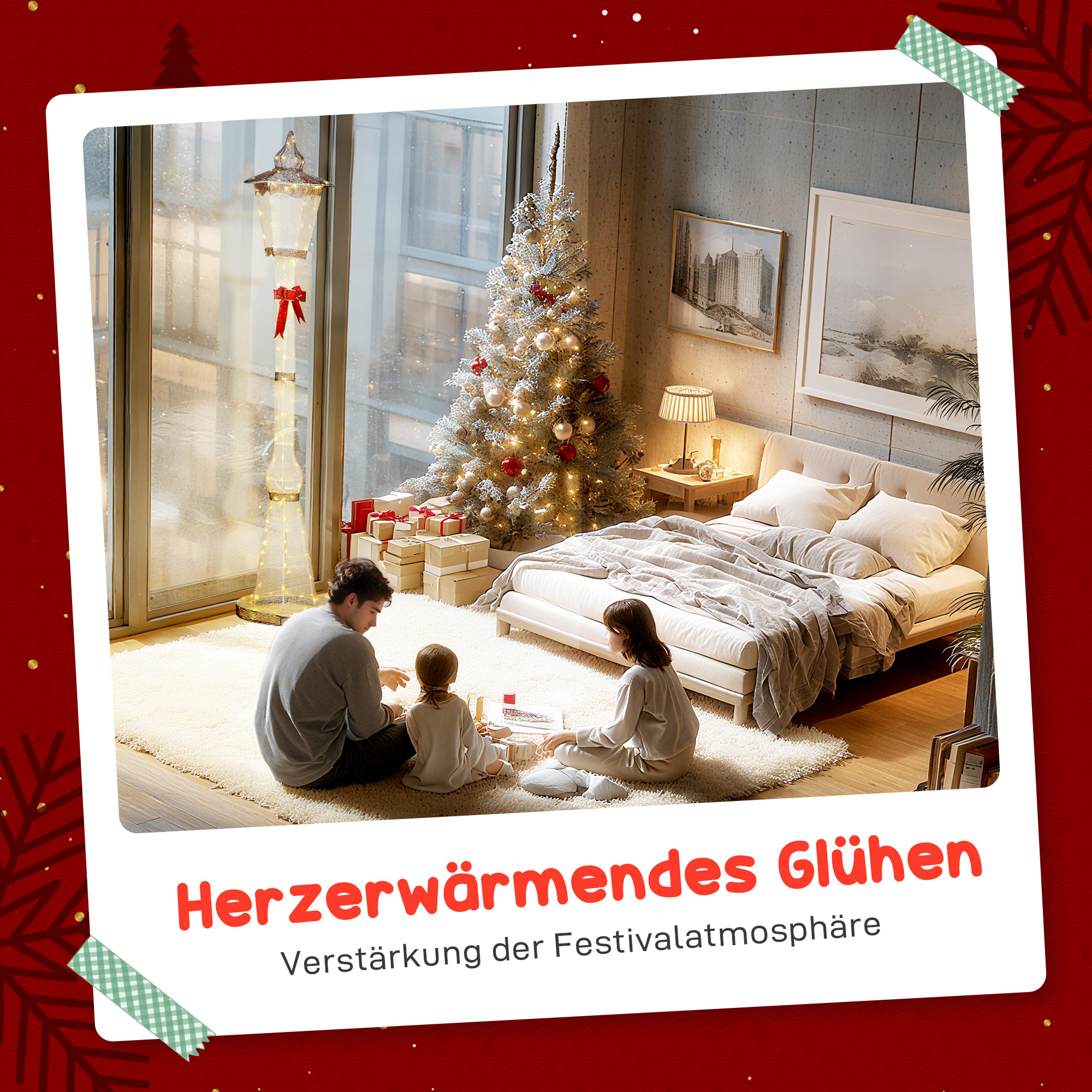 2,15 m beleuchteter Laternenpfahl, 155 LEDs, Outdoor-Weihnachtslaterne, Rote Schleife, wasserfest, für Garten, Terrasse