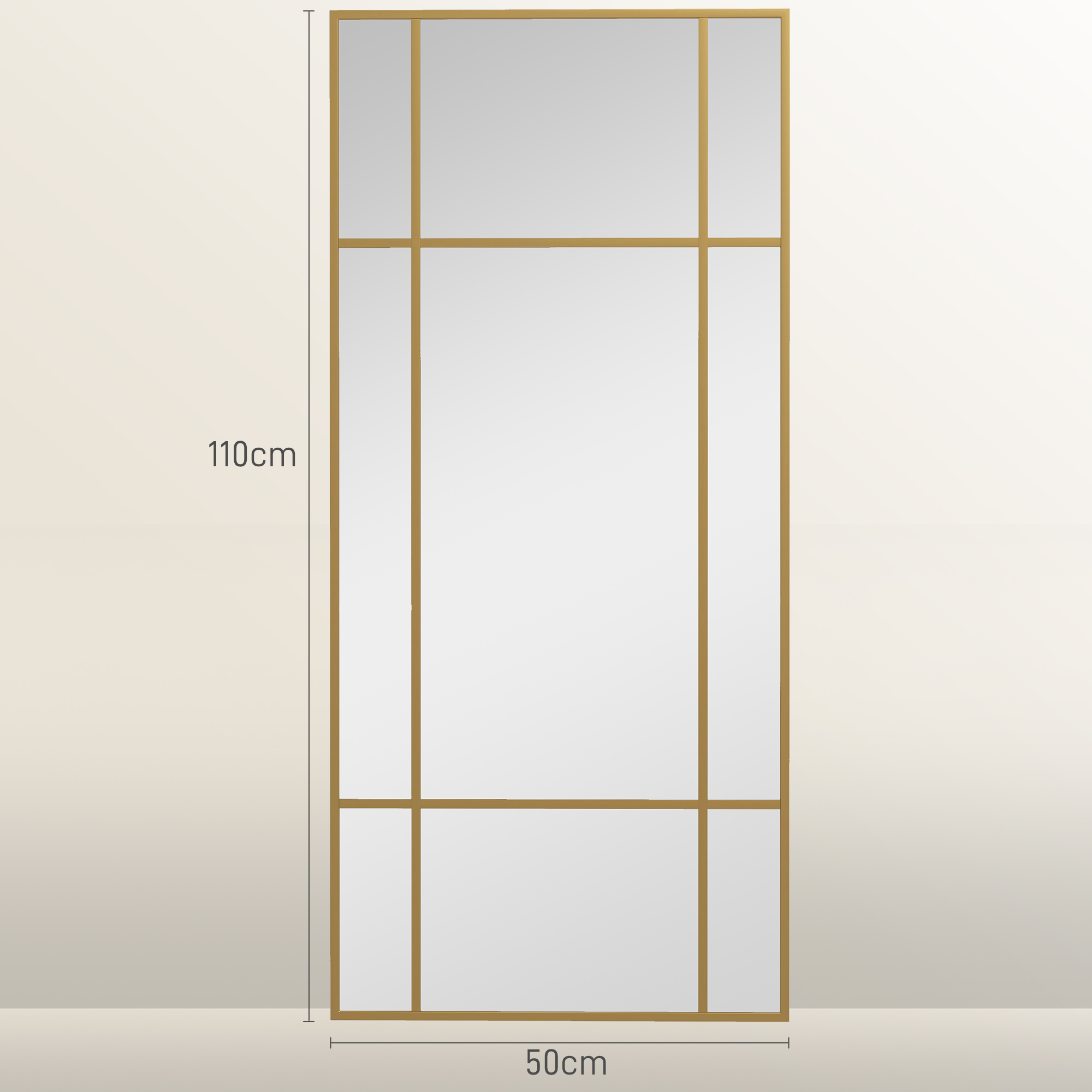 Wandspiegel, dekorativer Spiegel mit Metallrahmen, goldfarbene Streifen, Mehrschichtglas, 110B x 2T x 50H cm