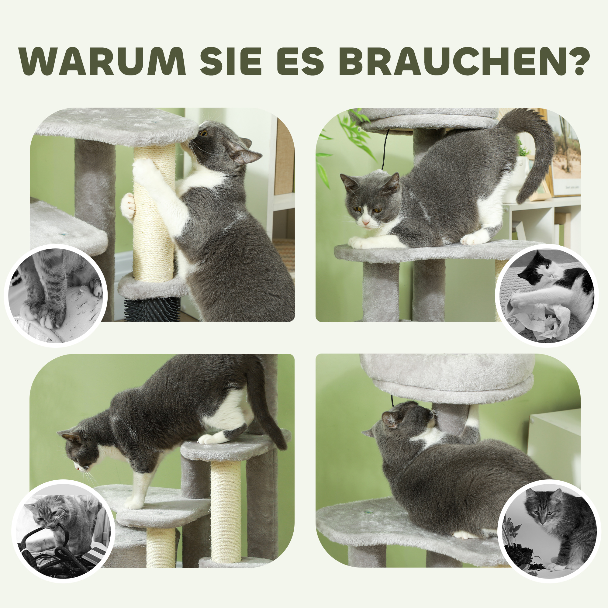 Katzen-Spielzentrum mit Kratzbaum, Bett, Spielbällen, Plüsch, 60 x 39 x 87 cm, Hellgrau/Creme