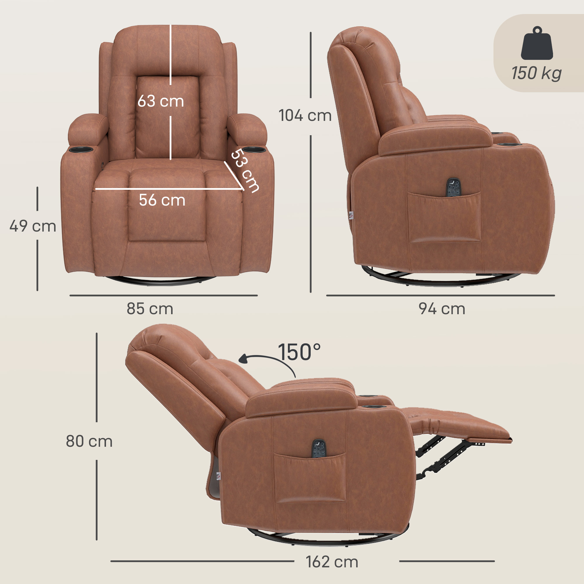 Massagesessel mit Wärmefunktion, drehbarer Schaukelsessel mit Fußstütze, Hellbraun