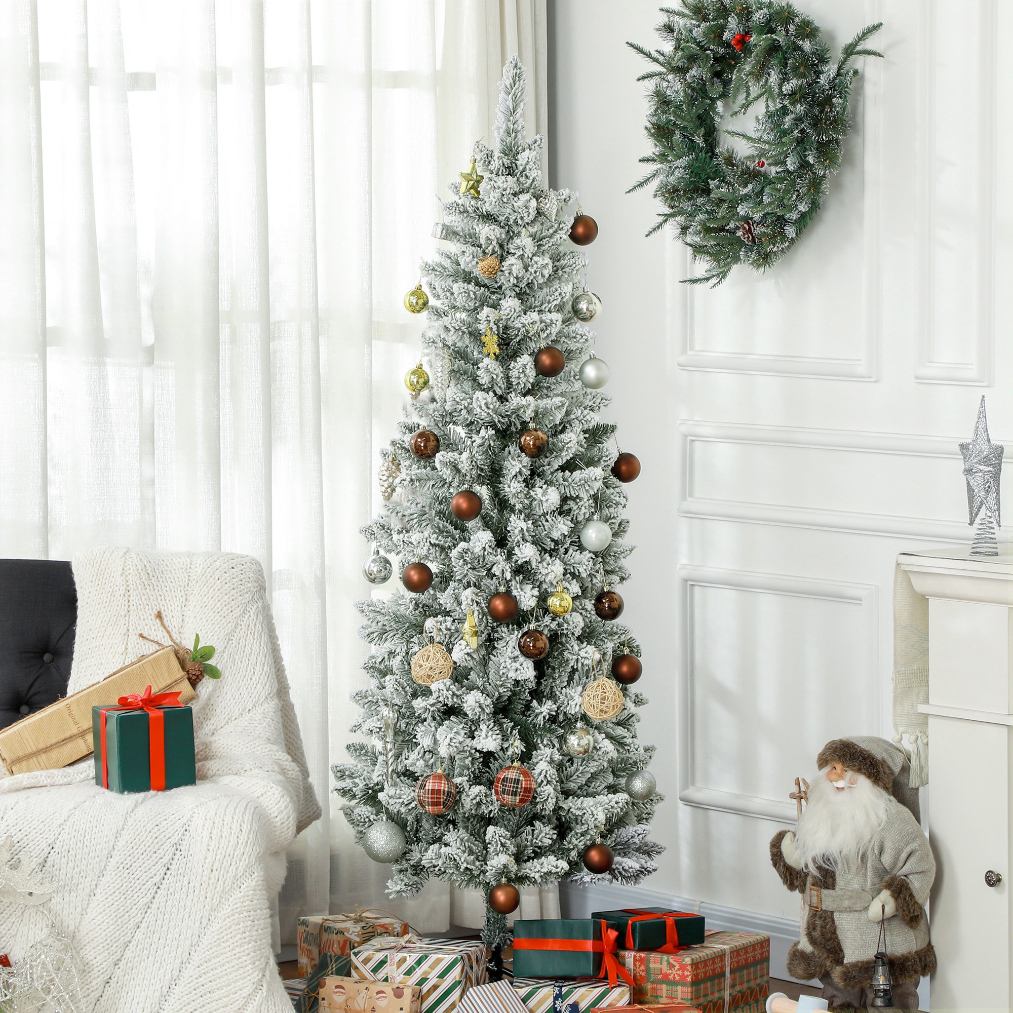 Künstlicher Weihnachtsbaum, schlanke Form, Kunstschnee, dreiteilig, flammhemmend, Metallfuß, 180 cm, Grün