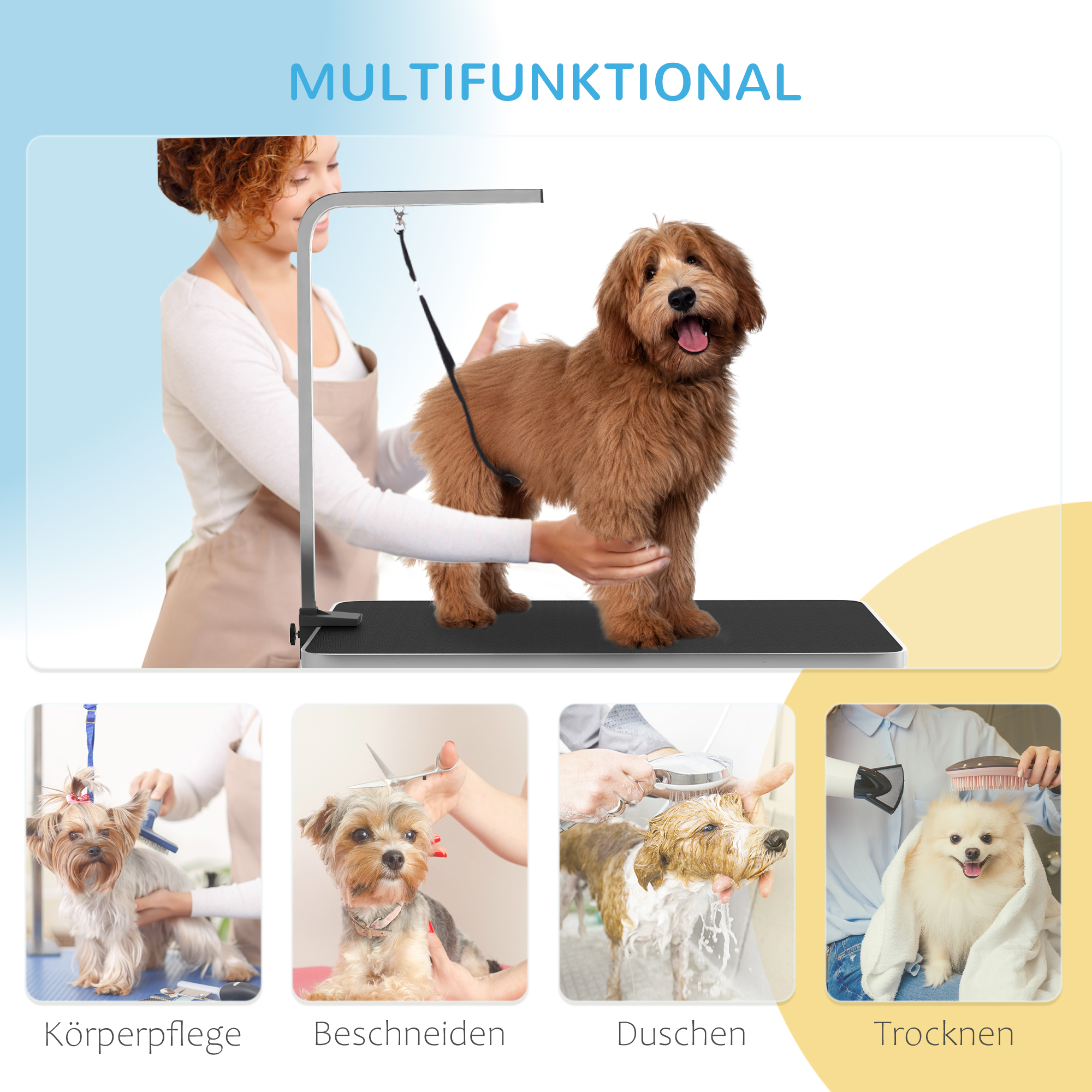 Hundepflegetisch, Frisiertisch mit einstellbarem Arm, Aufbewahrungsfach, Gummioberfläche, 90 x 60 x 76 cm, Schwarz