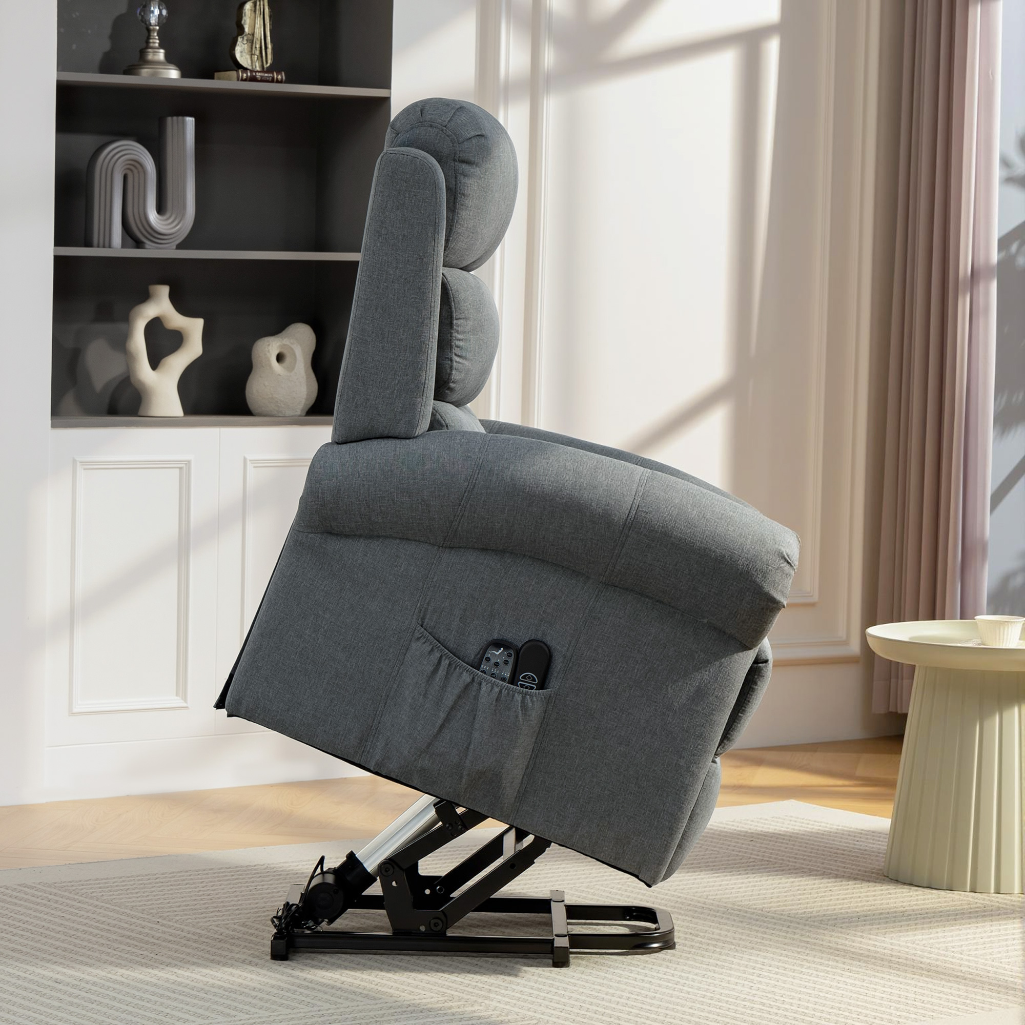 Massagesessel mit Aufstehhilfe, Relaxsessel, Vibrationsköpfe, mit Neigefunktion, Leinenoptik, Grau