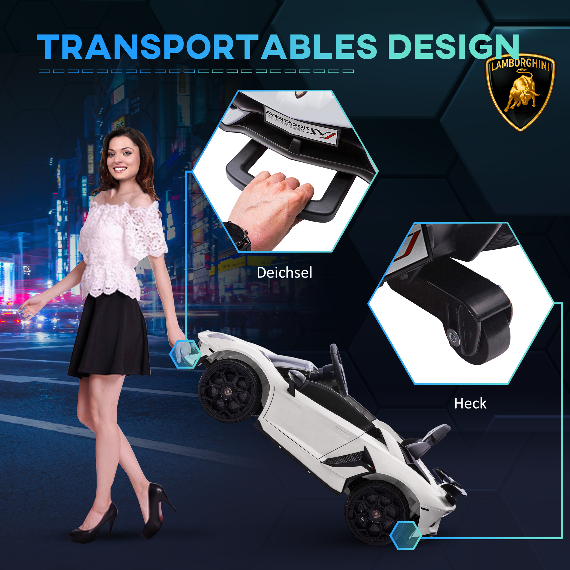 Elektro-Kinderauto, lizenzierter Lamborghini Aventador, Flügeltüren, Musik, Hupe, für 3-5 Jahre, Weiß