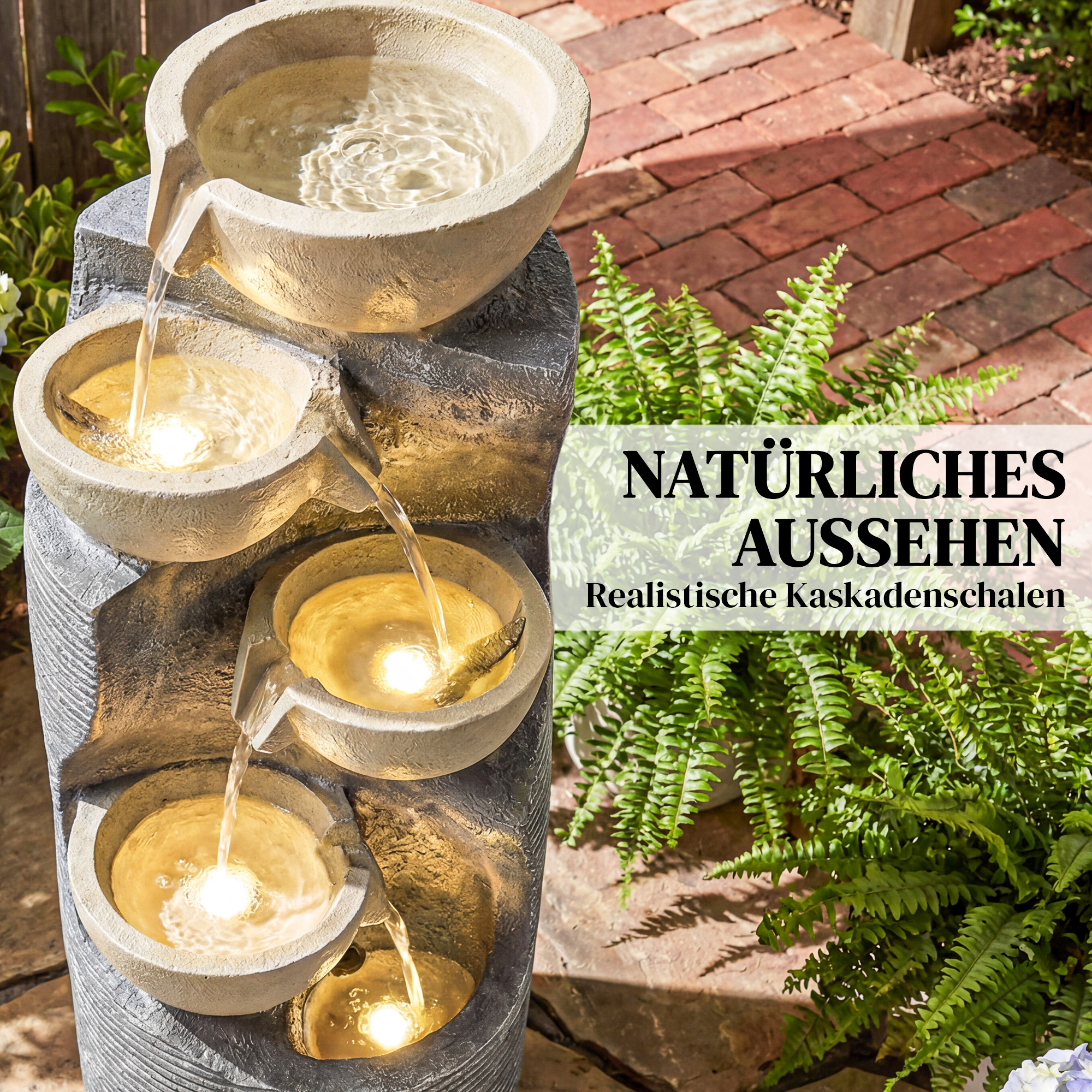 Springbrunnen 5-stufig Gartenbrunnen mit LED Beleuchtung Pumpe Steinoptik, Verstellbar 33 x 31 x 80 cm