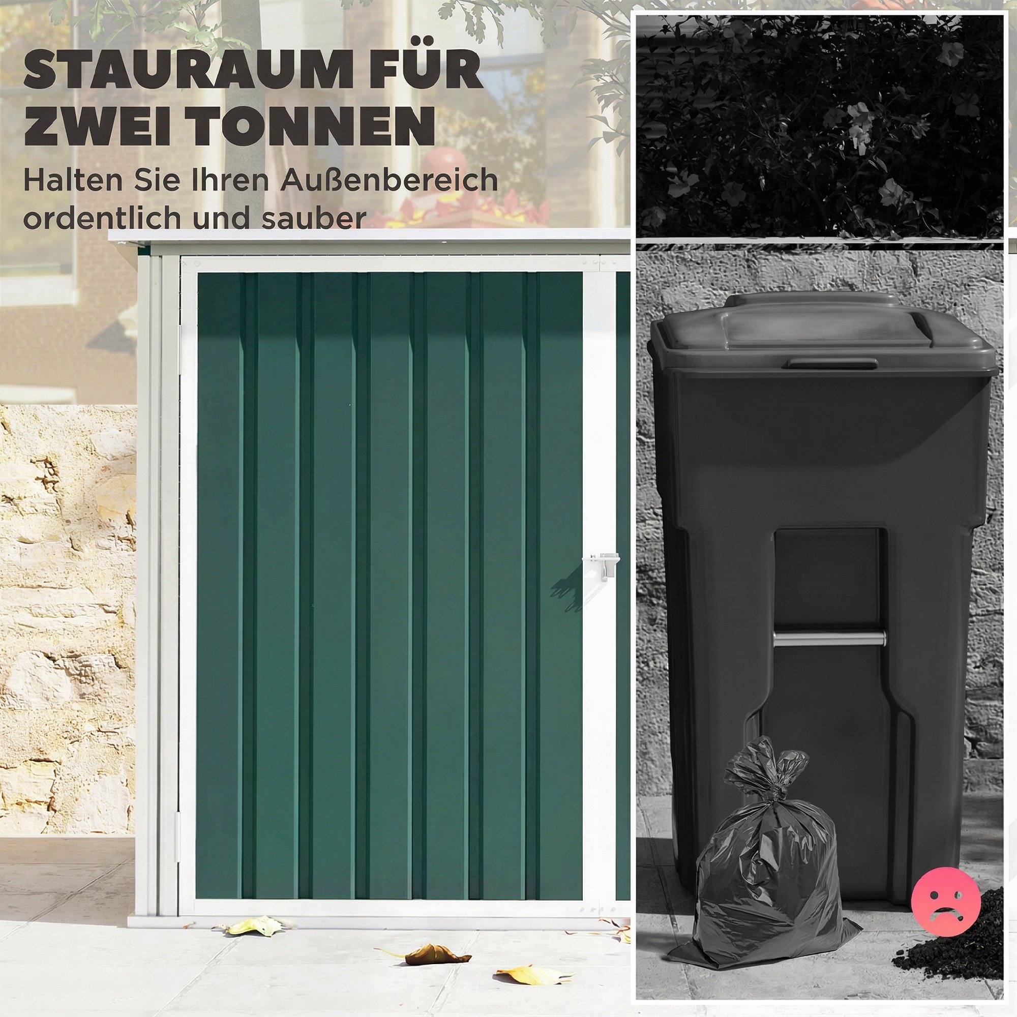 Mülltonnenbox Müllbox abschließbar Gerätebox mit Doppeltür Deckel für 2 Mülltonnen Stahl 179,5 x 108 x 129,5/113 cm Grün