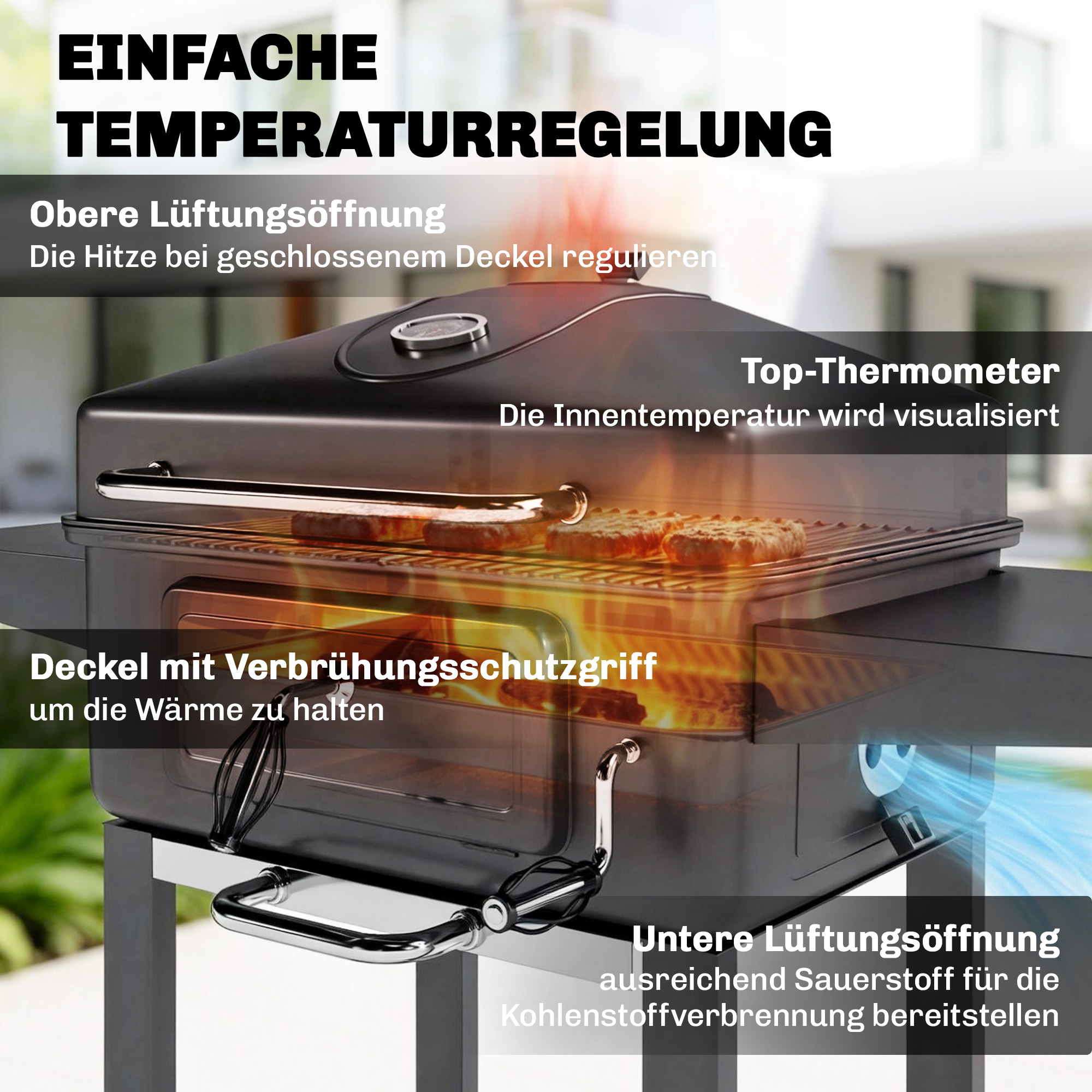 Holzkohlegrill BBQ Smoker mit Deckel Thermometer höhenverstellbar Kohlepfanne Grillrost Seitentisch Aschefach