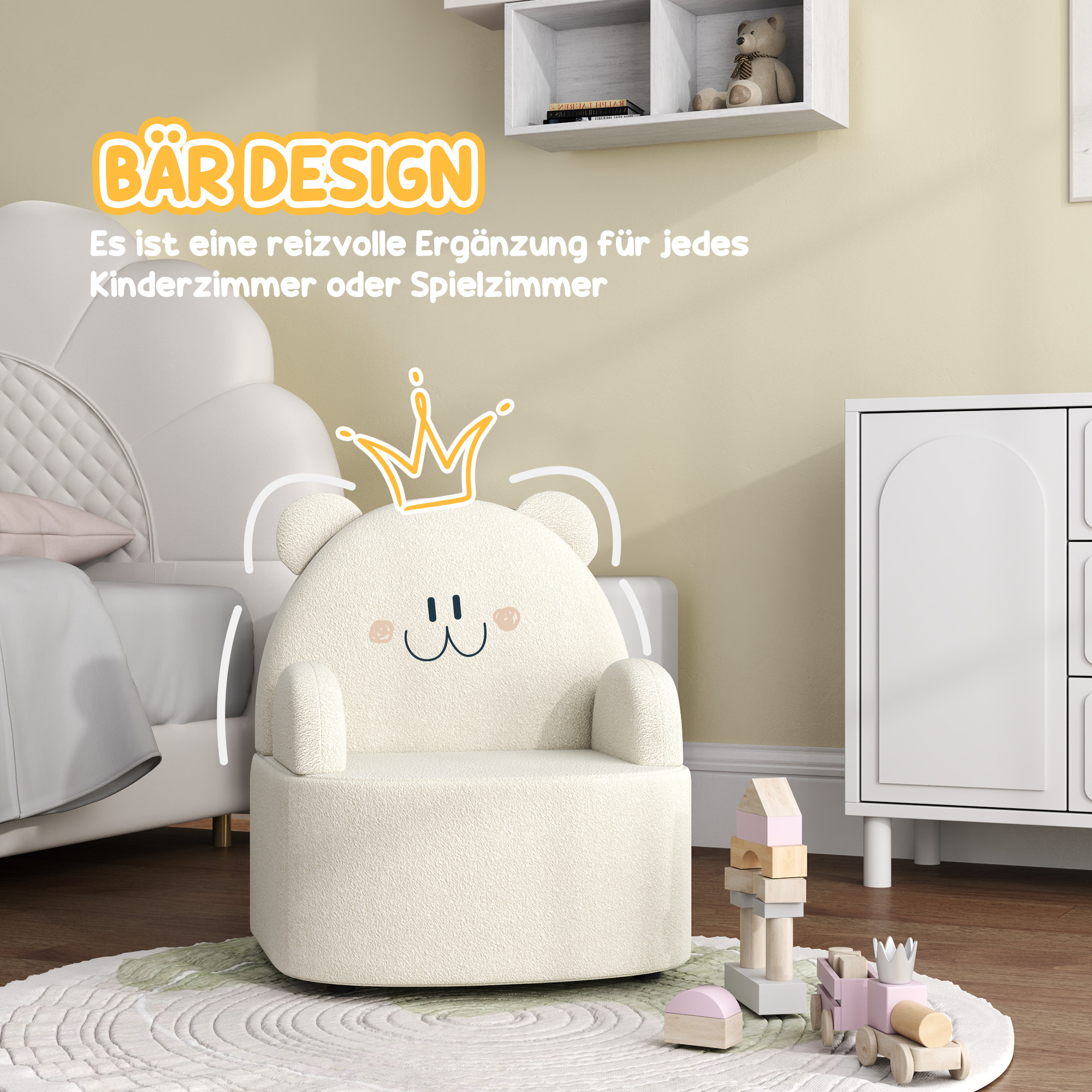 Kindersessel, Bärenform, weicher Teddyfleece, bis 3 Jahre, 52x48x59 cm, Beige
