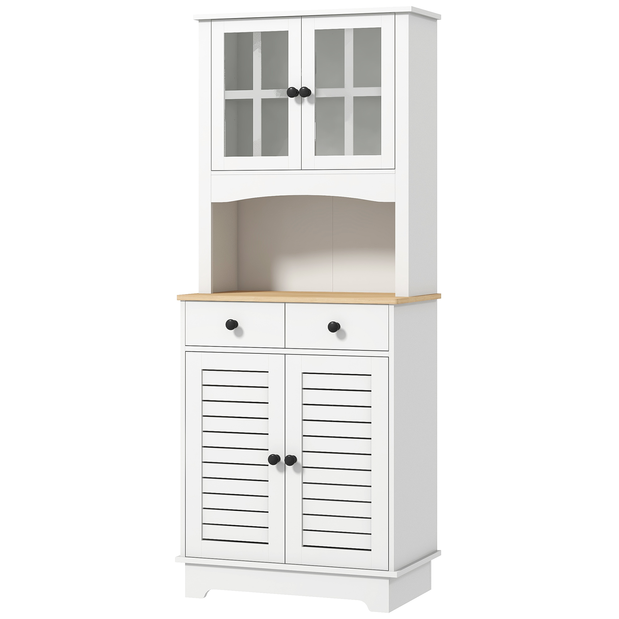 Küchenschrank mit Glastüren, 2 Schubladen, Geschirrschrank, Esszimmerschrank, Holz, 68 x 39,5 x 170 cm, Weiß Küchenschrank mit Glastüren, 2 Schubladen, Geschirrschrank, Esszimmerschrank, Holz, 68 x 39,5 x 170 cm, Weiß