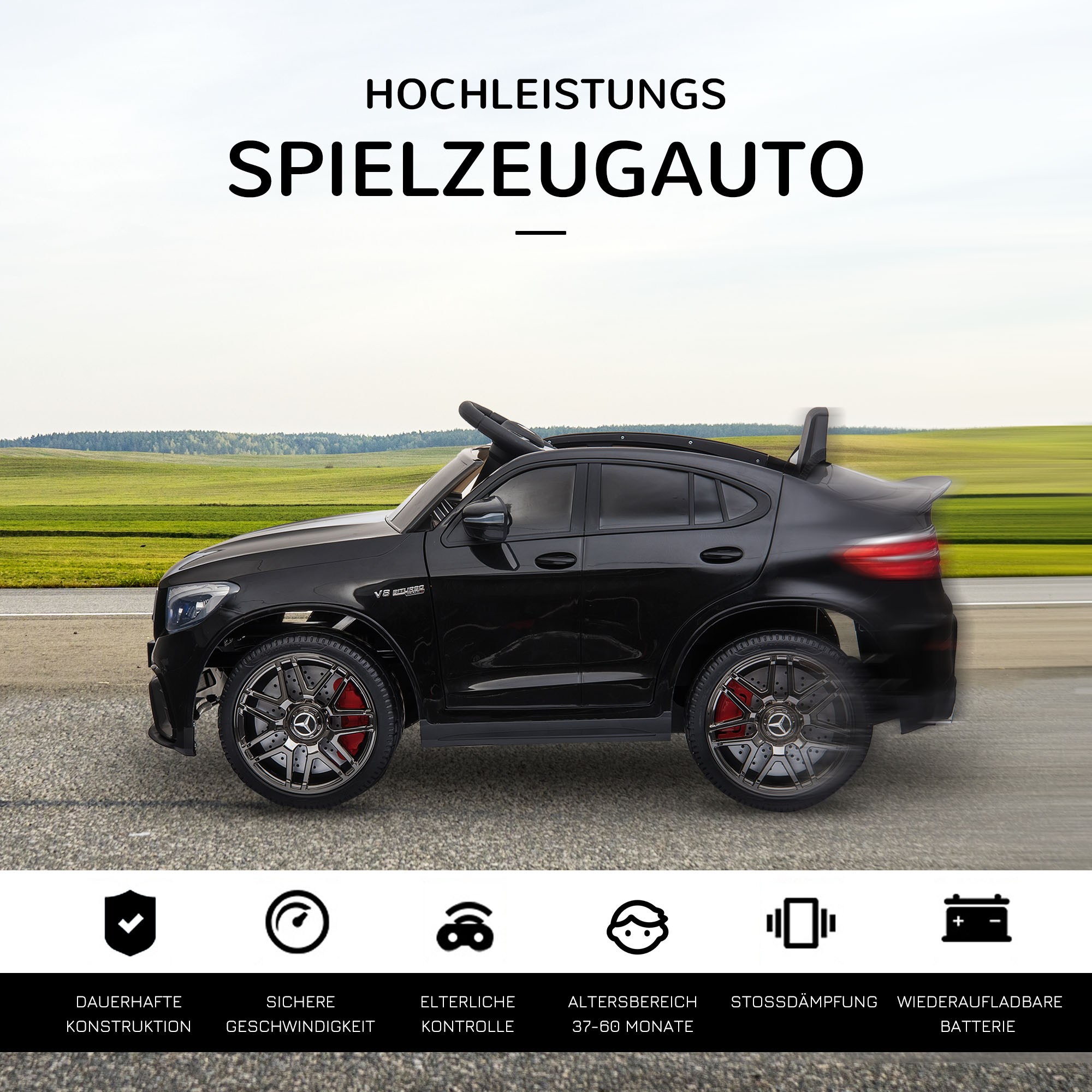 Kinder Elektroauto 12V Kinderauto mit 2,4 G Fernbedienung, 2 Motor, Kinderfahrzeug mit Hupe, Musik, Sicherheitsgurt, Elektrofahrzeug für 37-60 Monate Kinder, Schwarz