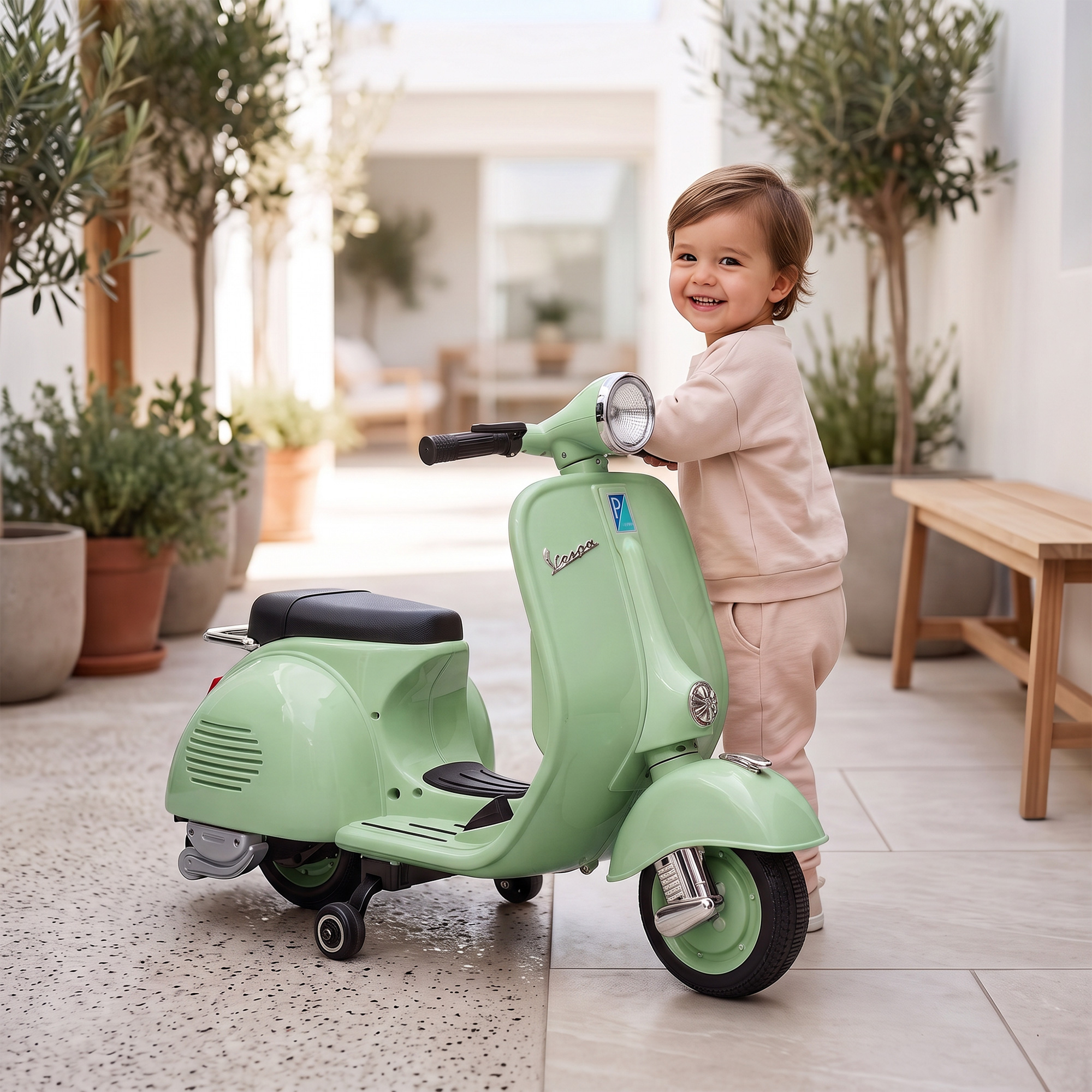 Elektro Motorrad Kinder 6 V Elektromotorrad mit Stützrädern, Lithium-Akku, Softstart, Musik, USB Scheinwerfer Hupe