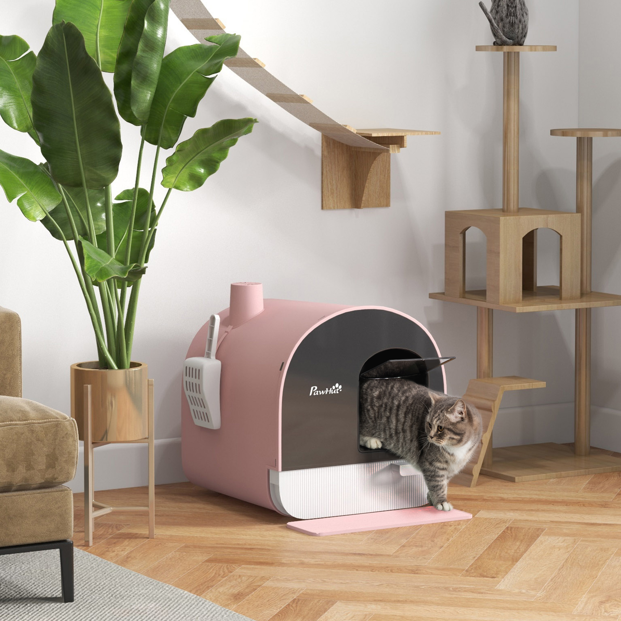 Katzentoilette mit Deckel, Streuschaufel, Schmutzfangmatte, Kunststoff, Rosa/Schwarz
