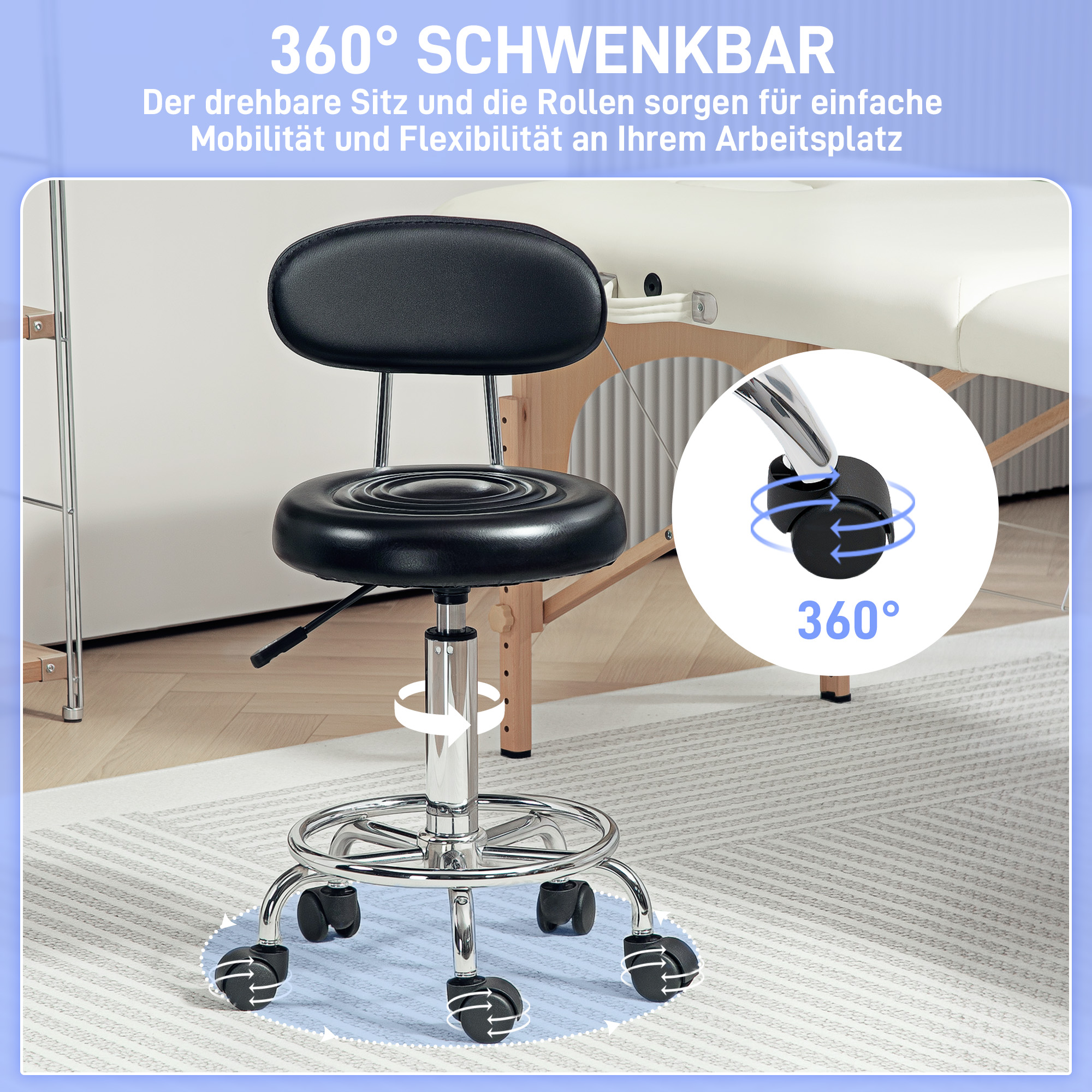 Rollhocker, Drehbarer und verstellbarer Hocker mit Rückenlehne, Kunstlederbezug, Fußstütze, für Frisiertische, Schwarz