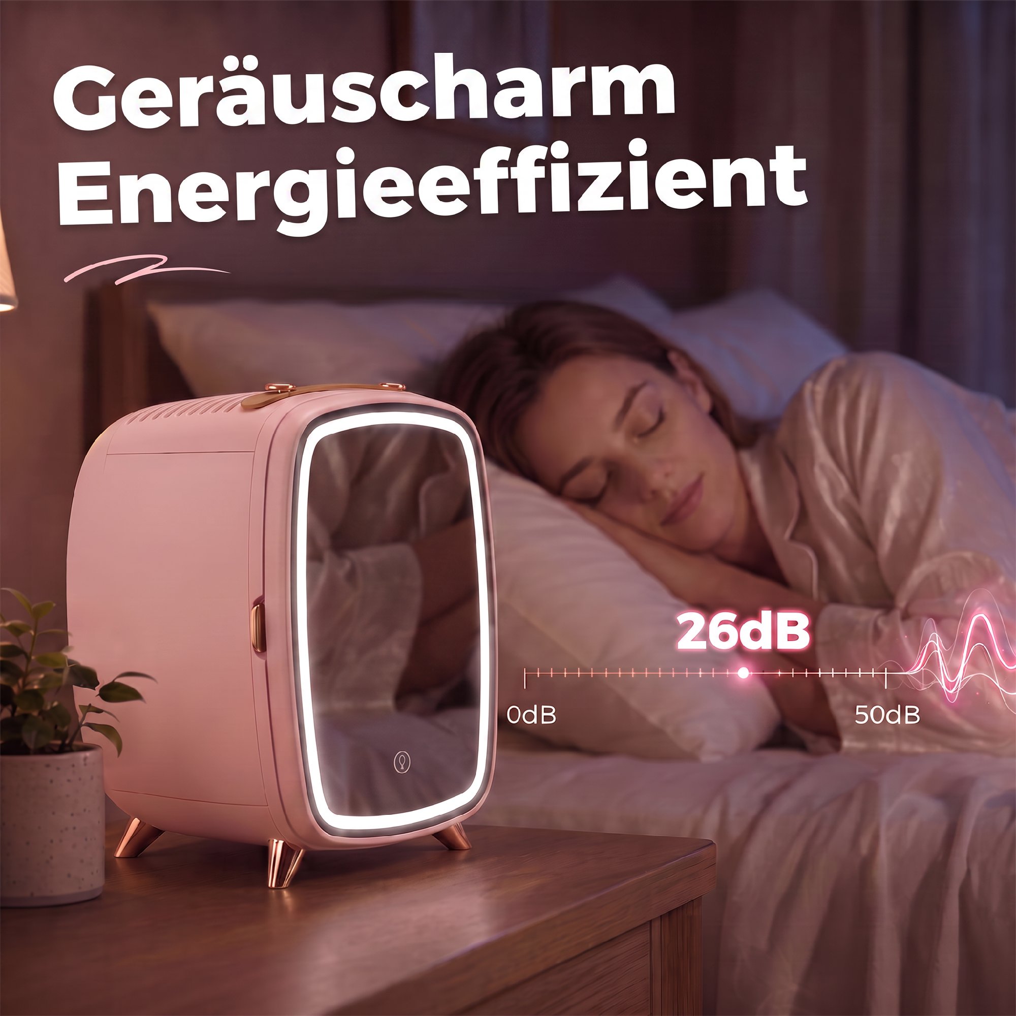 Minikühlschrank für Kosmetikprodukte, Getränke und Snacks, tragbar, mit beleuchtetem Spiegel, leiser Betrieb, 6L, Rosa