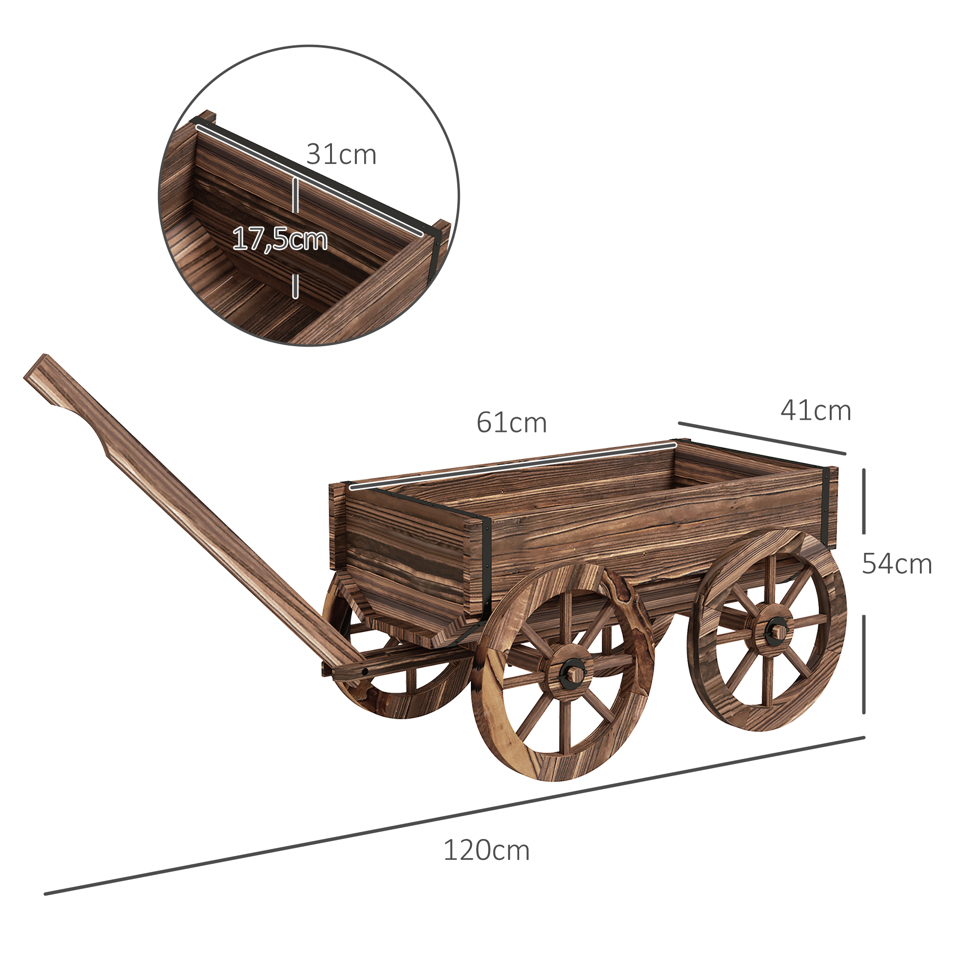 Pflanzen-Schubkarre Hochbeet aus Holz, wetterbeständig, 120 x 41 x 50 cm, Braun
