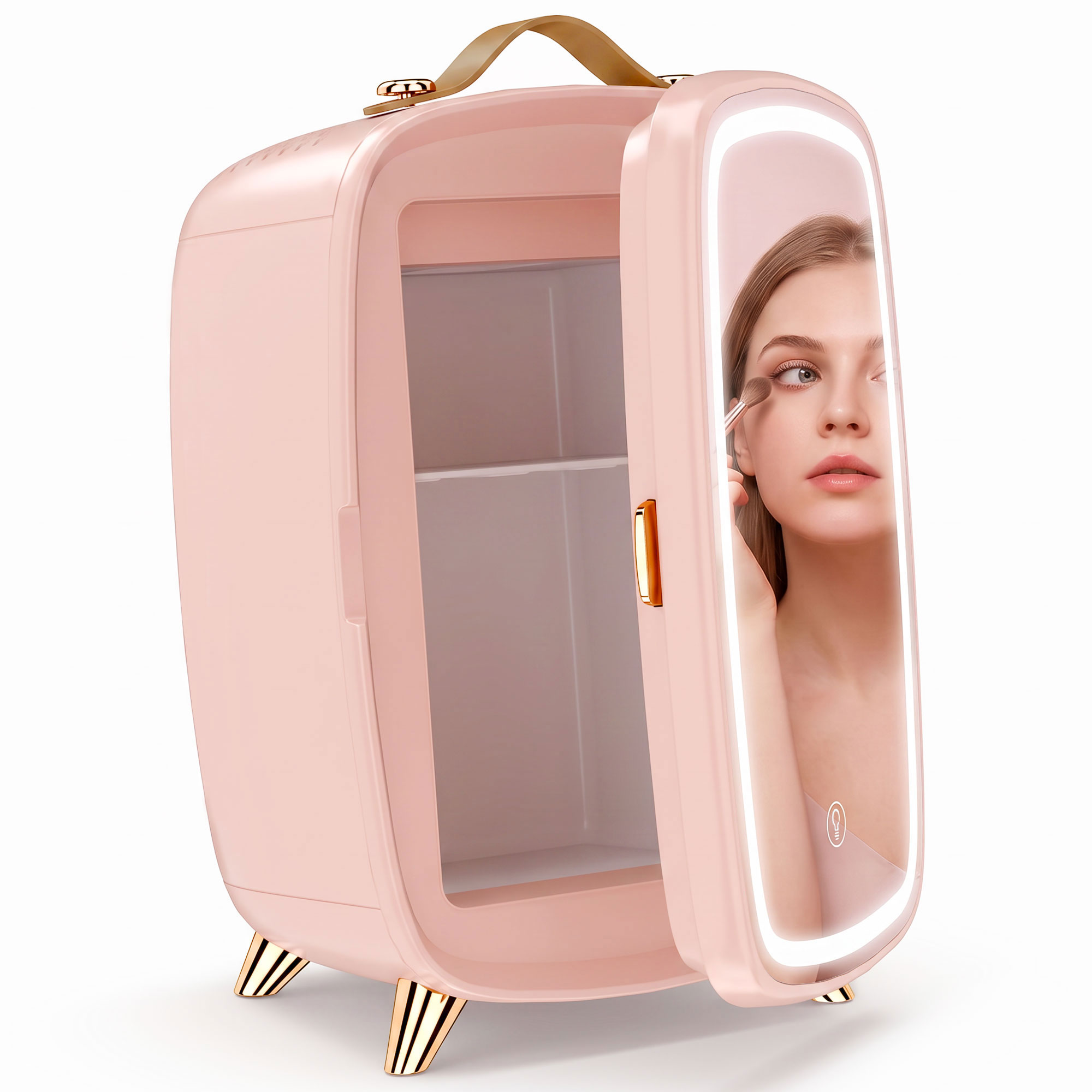 Minikühlschrank für Kosmetikprodukte, Getränke und Snacks, tragbar, mit beleuchtetem Spiegel, leiser Betrieb, 6L, Rosa