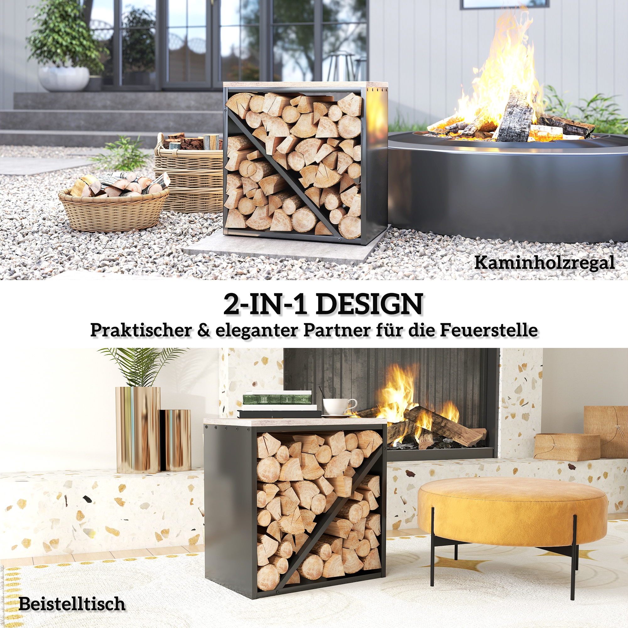 2-in-1 Kaminholzregal für innen 58 x 36 x 60cm erhöhtes Brennholzregal mit Trenner Metall Schwarz