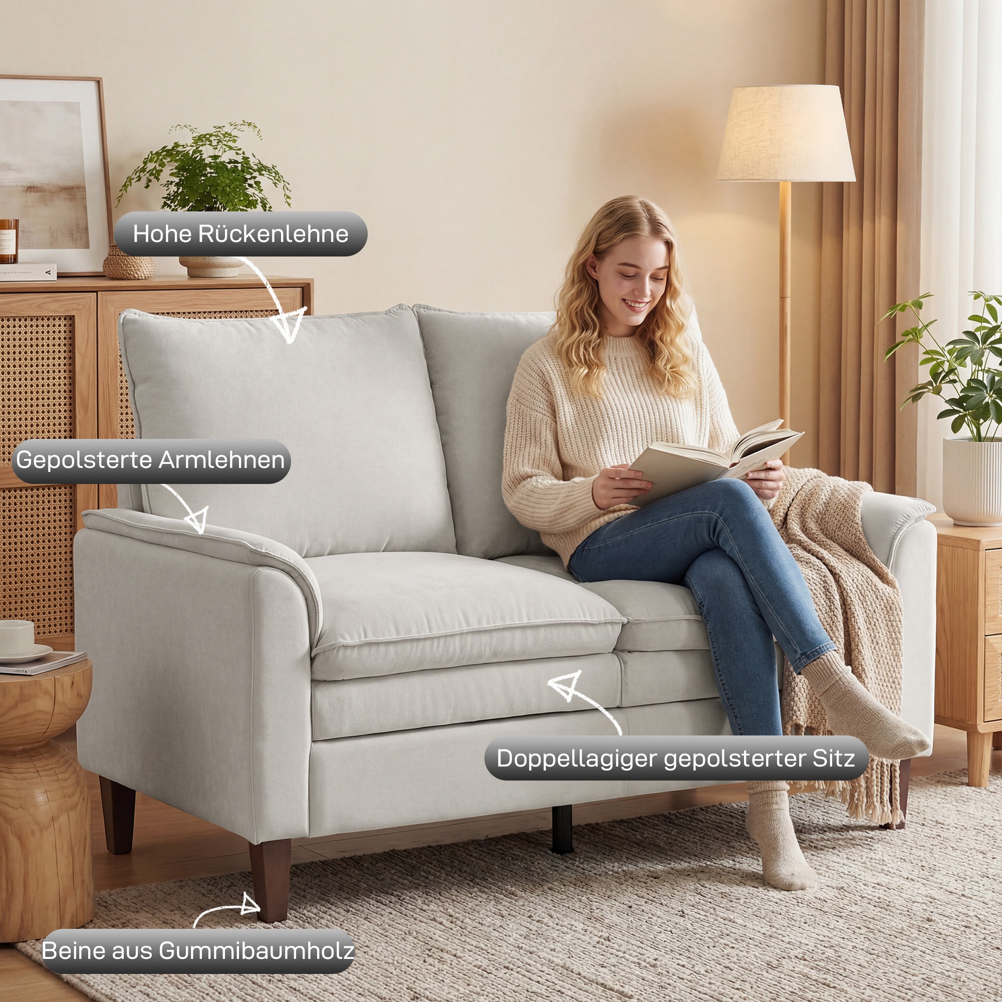 146 cm Zweisitzer Sofa, Chenille-Sofa mit doppellagiger Polsterung, Federkissen, tiefem Sitz, hoher Rückenlehne, Cremeweiß