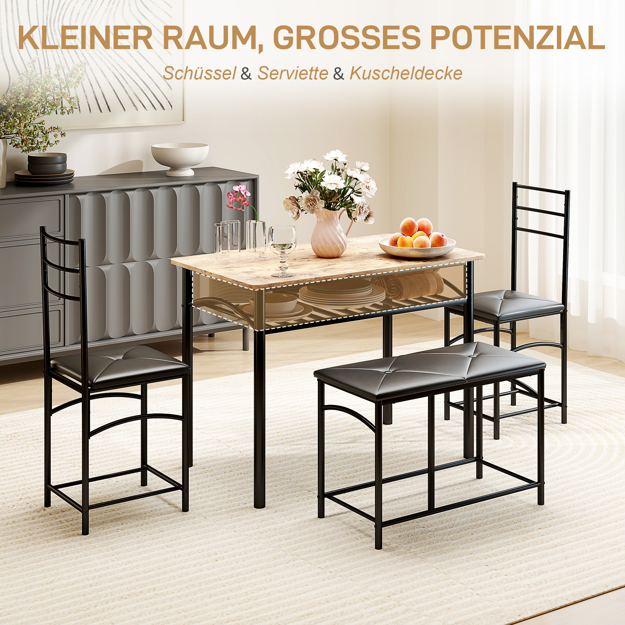 4-teiliges Esszimmer-Set, Platzsparendes Set aus Tisch, 2 Stühlen und Bank, für kleine Räume, Metall, Holz, Braun