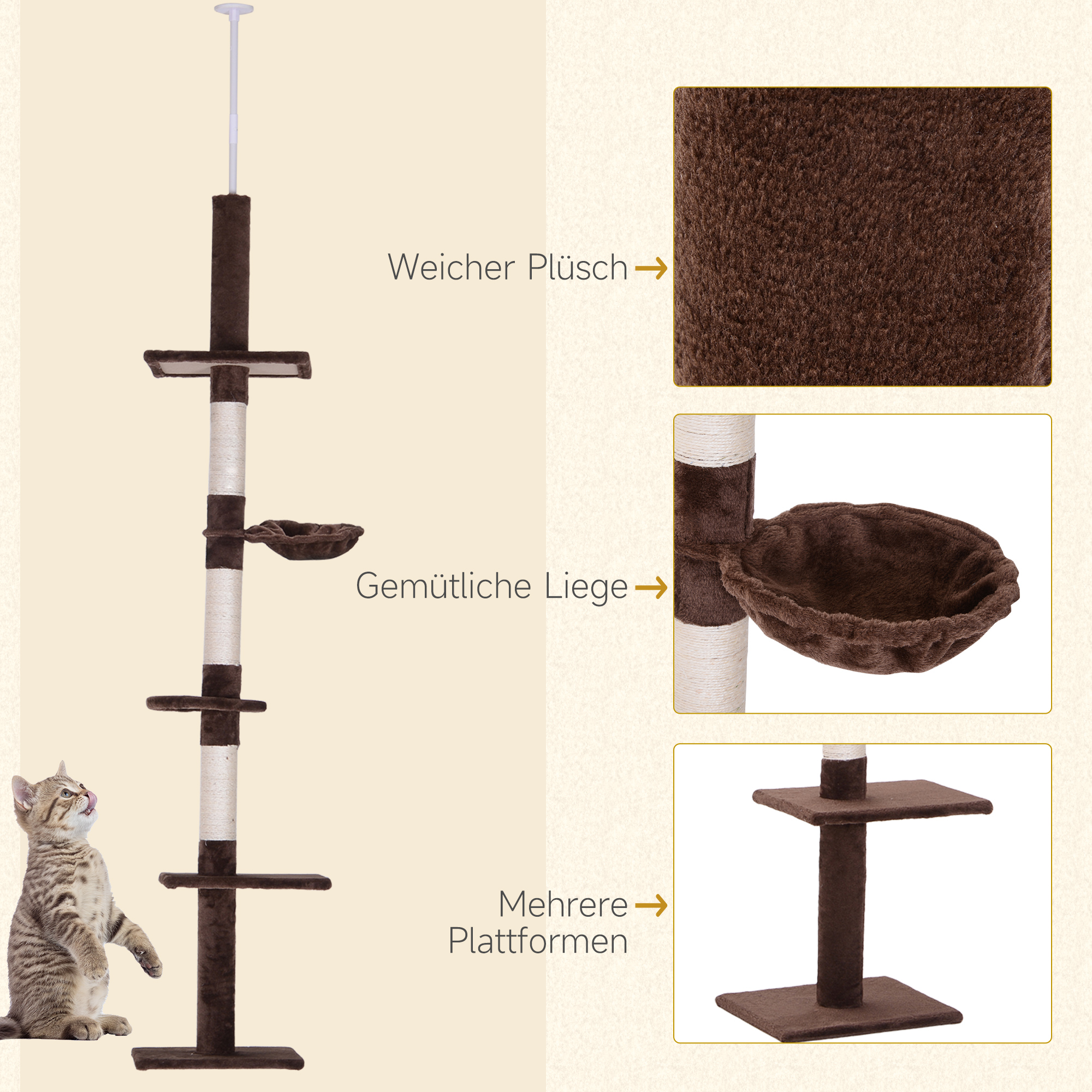 Kratzbaum Deckenhoch höhenverstellbar, stabiler Katzenbaum mit Sisalsäulen, Katzen Kletterbaum, Braun, 40 x 34 x 230-260 cm