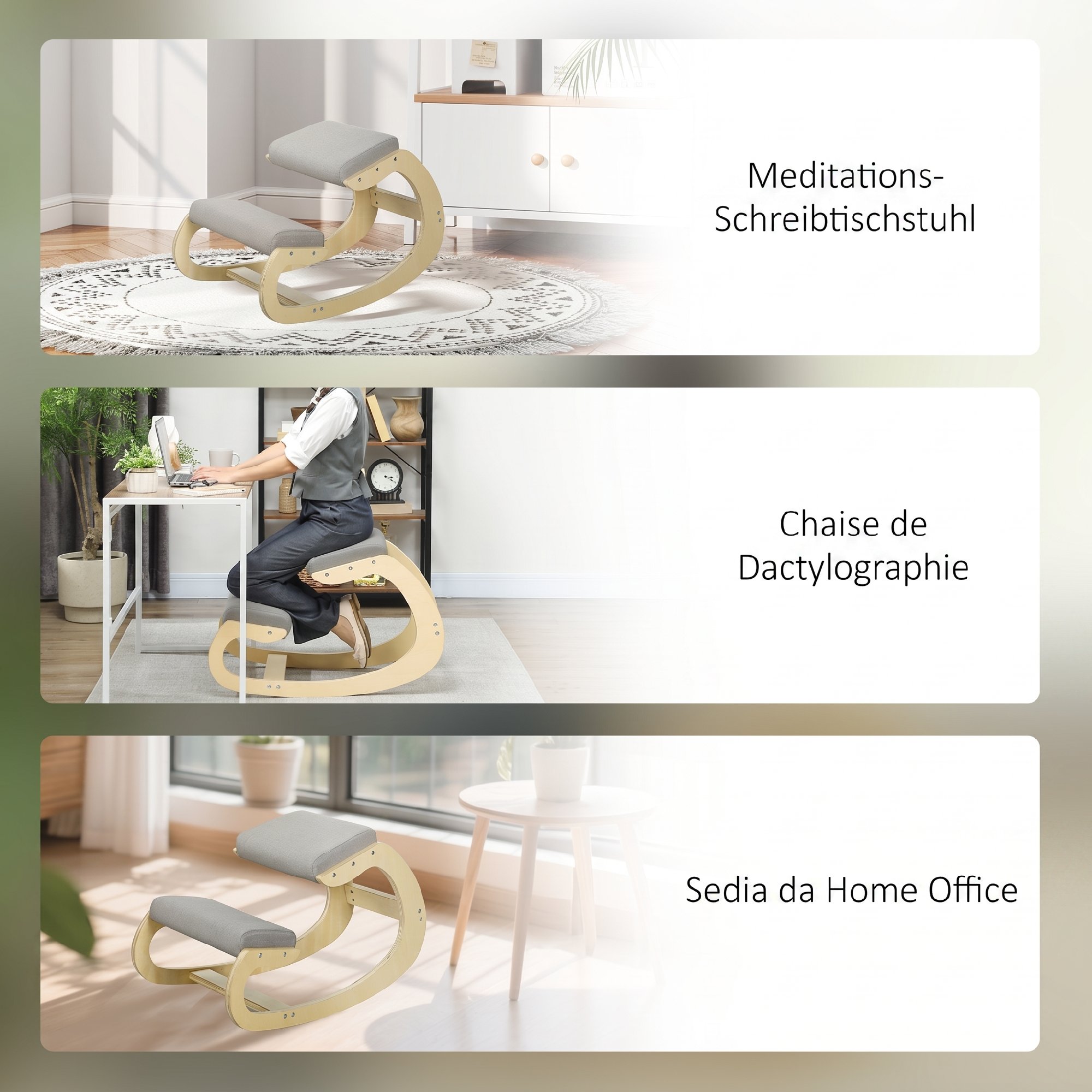 Ergonomischer, schaukelnder Kniehocker für Homeoffice, zur Verbesserung der Körperhaltung, Hellgrau