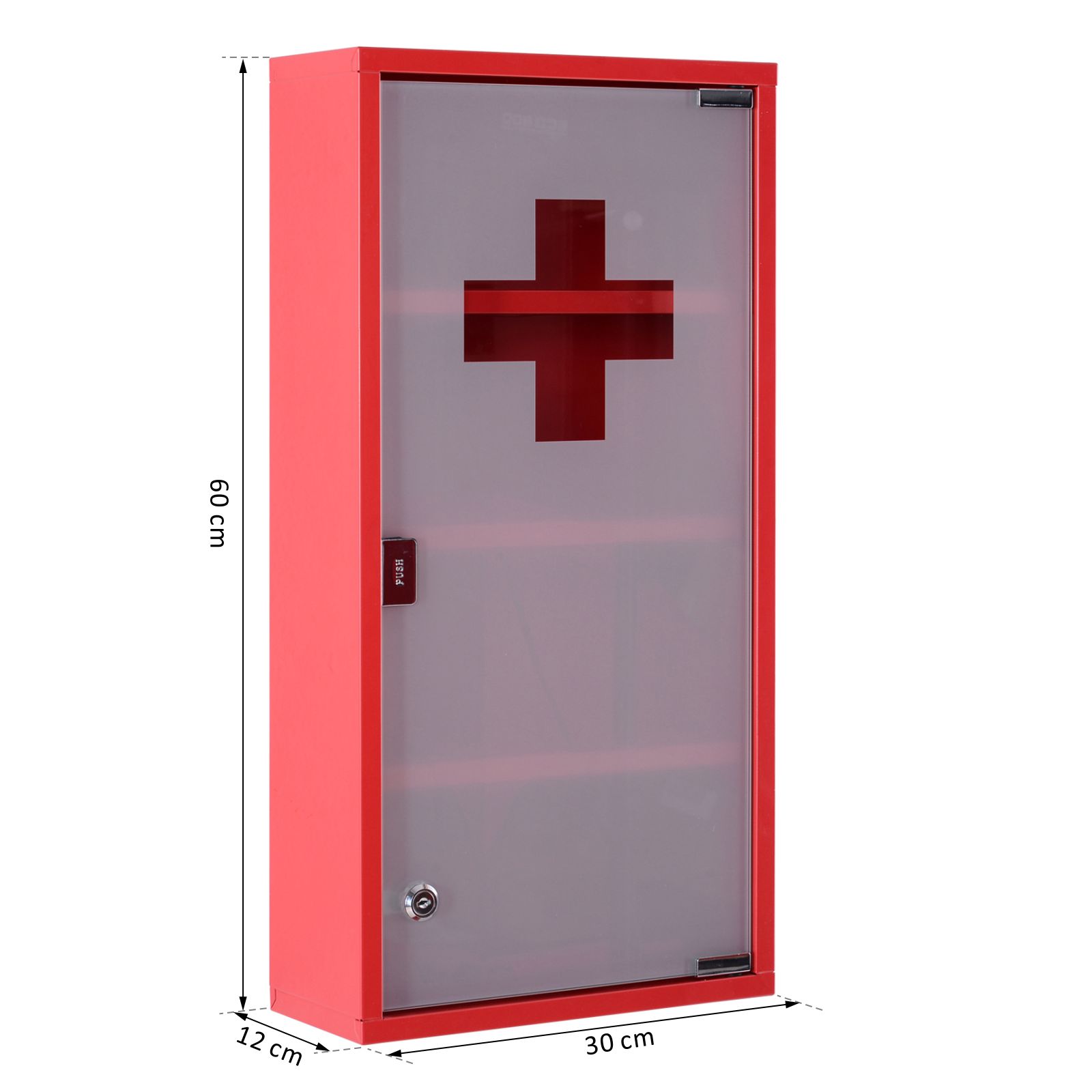 Medizinschrank aus Stahl Arzneischrank zur Medikamenten-Aufbewahrung, Abschließbar Apothekerschrank mit 4 Fächer, Glastür, 60 x 30 x 12 cm, Rot
