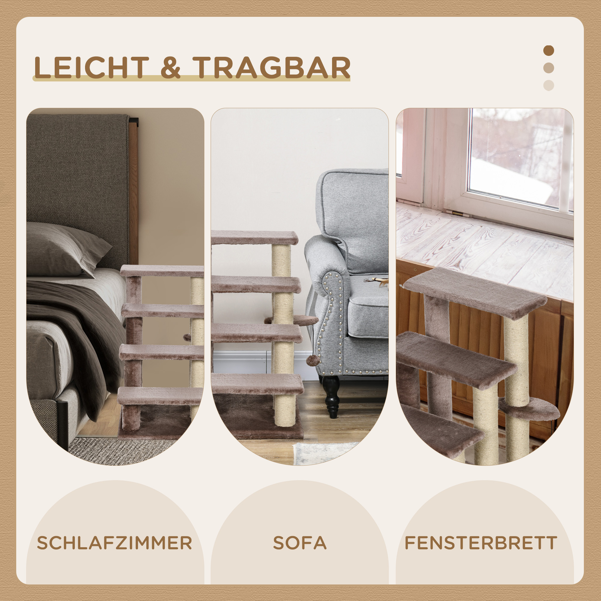 Haustiertreppe, Kratzbaum, 4-stufig, für Tiere bis 5 kg, 60x40x64cm, Braun
