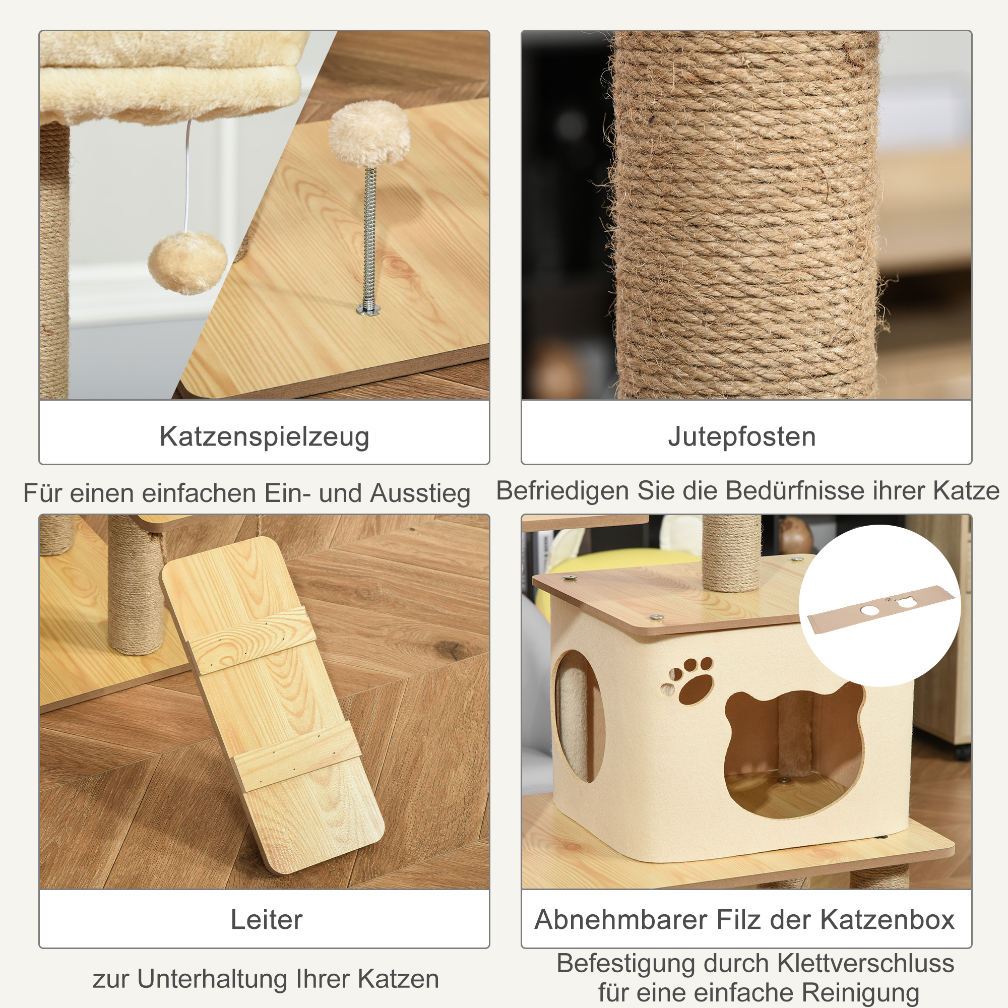 Kratzbaum Katzenbaum für Katzen Kletterbaum aus Holz mit Katzenhöhle Jutestämmen großer Plattform Spielbälle 130 cm Höhe stabil Plüsch Gelb 60 x 40 x 130 cm