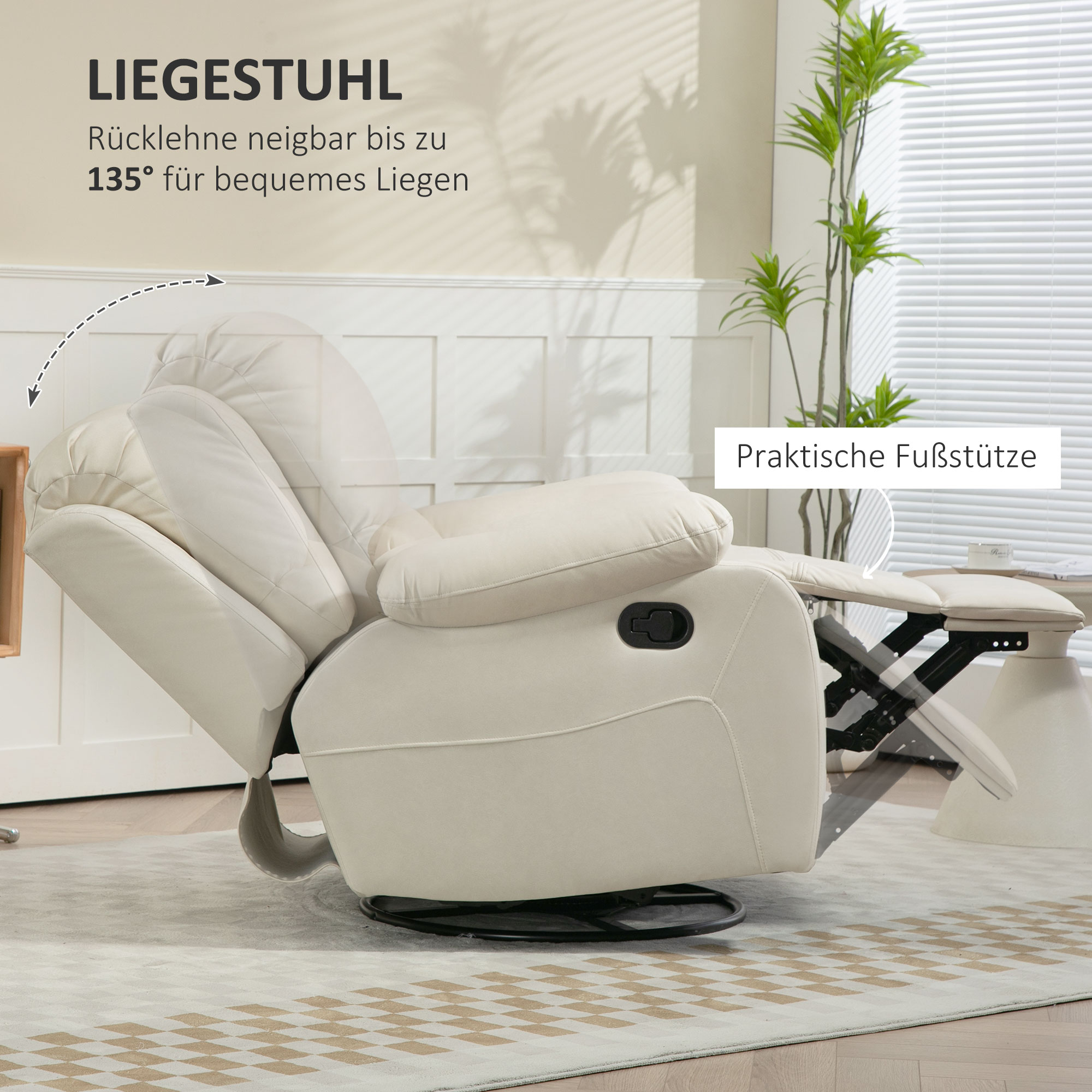 Relaxsessel, verstellbare Lehne & Fußstütze, drehbar, bis 150 kg, Stahlrahmen, 93x100x98cm, Cremeweiß