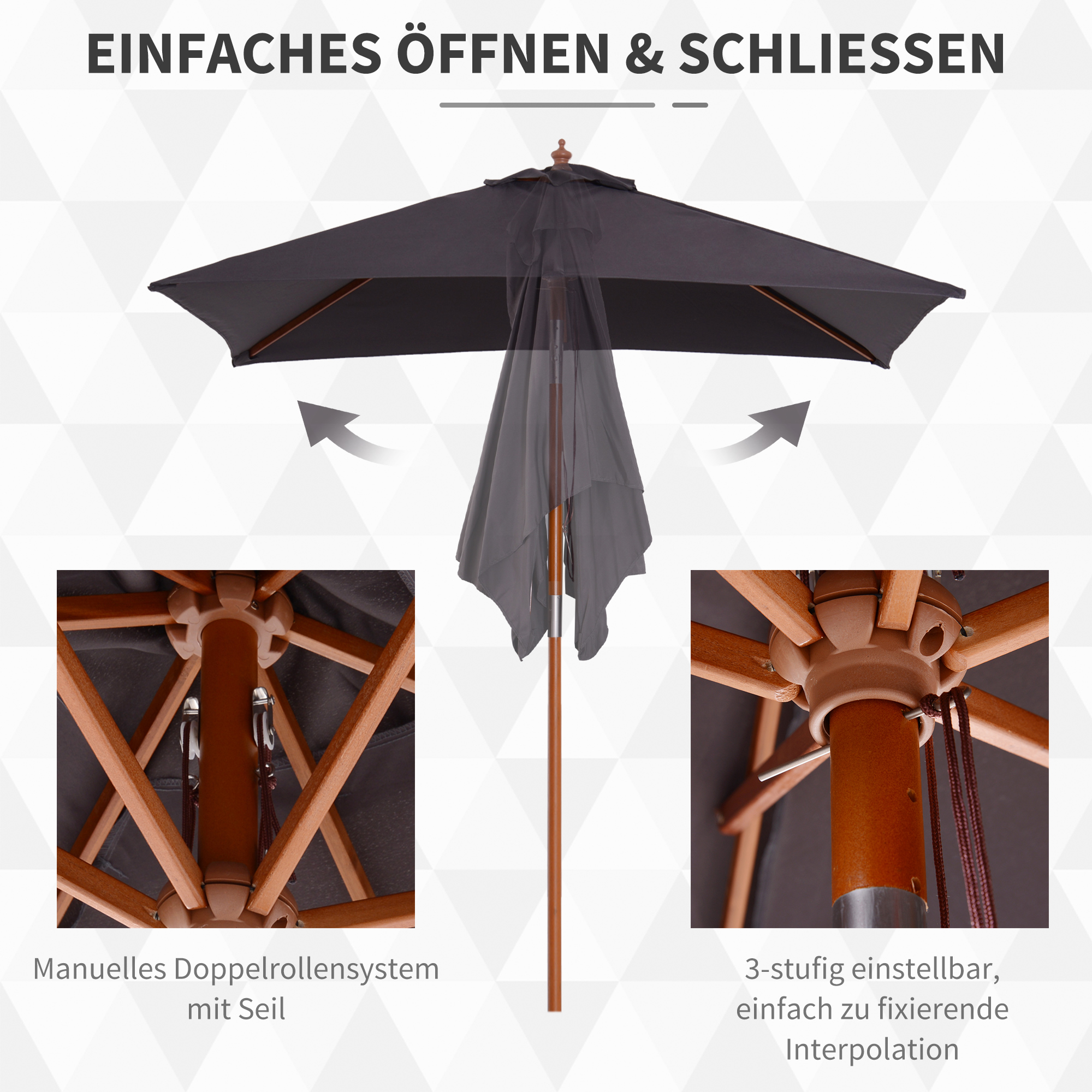 Sonnenschirm 200 x 150 x 235 cm Knickbarer Gartenschirm 3-stufig einstellbar rechteckig Strandschirm wasserabweisend und UV-beständig für Strand Balkon Terrasse Garten Dunkelgrau