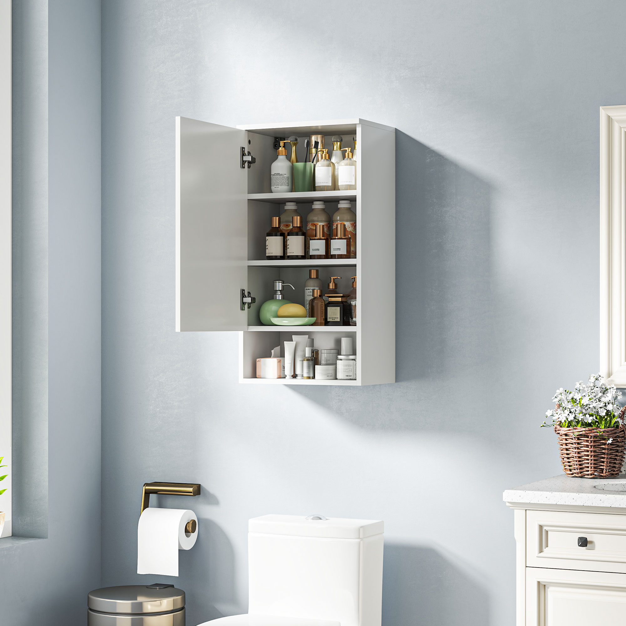 Wandmontierter Badezimmerschrank, Wandschrank für Badezimmer mit verstellbaren Ablagen, offenem Fach, Holz, Weiß