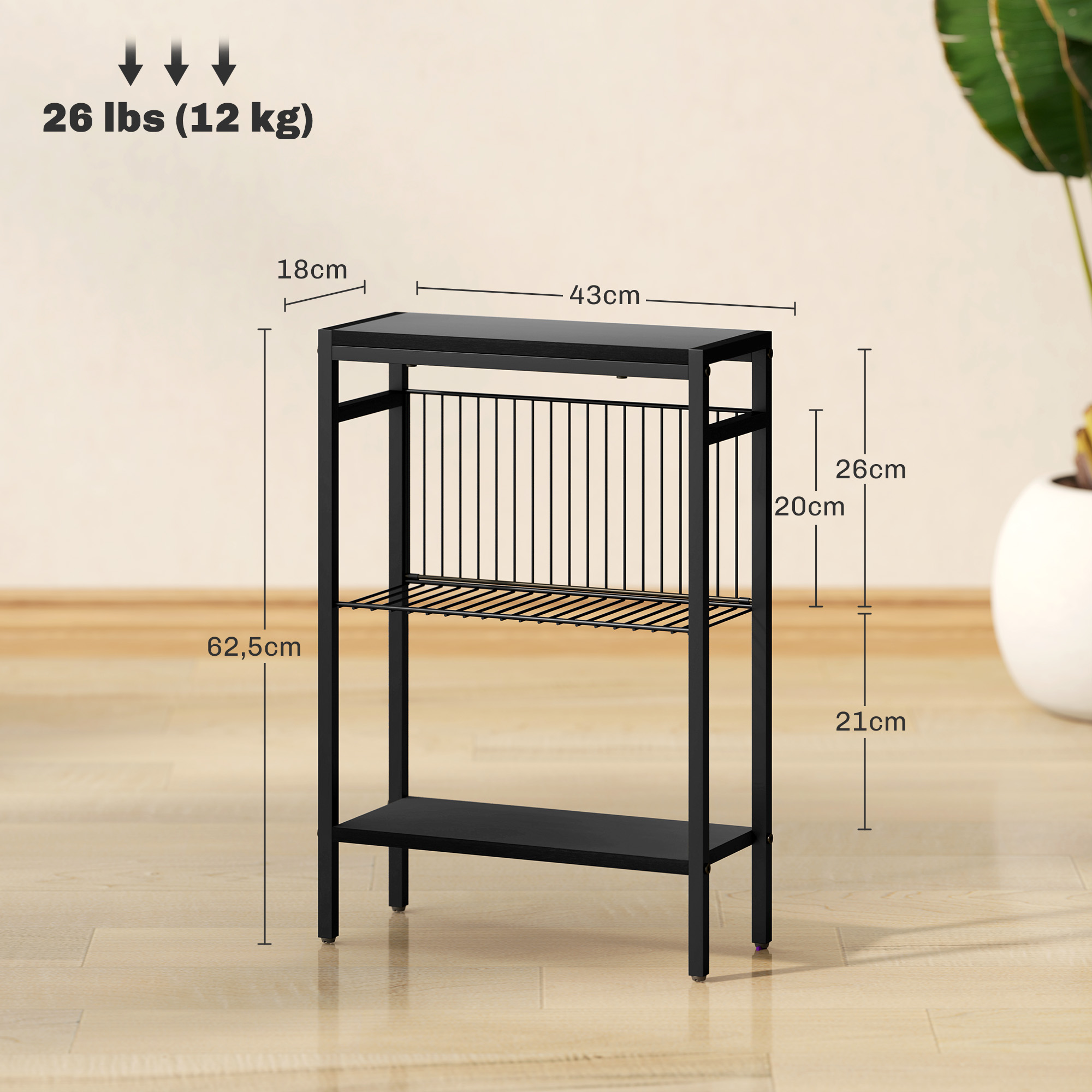 Beistelltisch, 3-stufiges Design, Regale in Holzoptik, Stahlrahmen, Schwarz