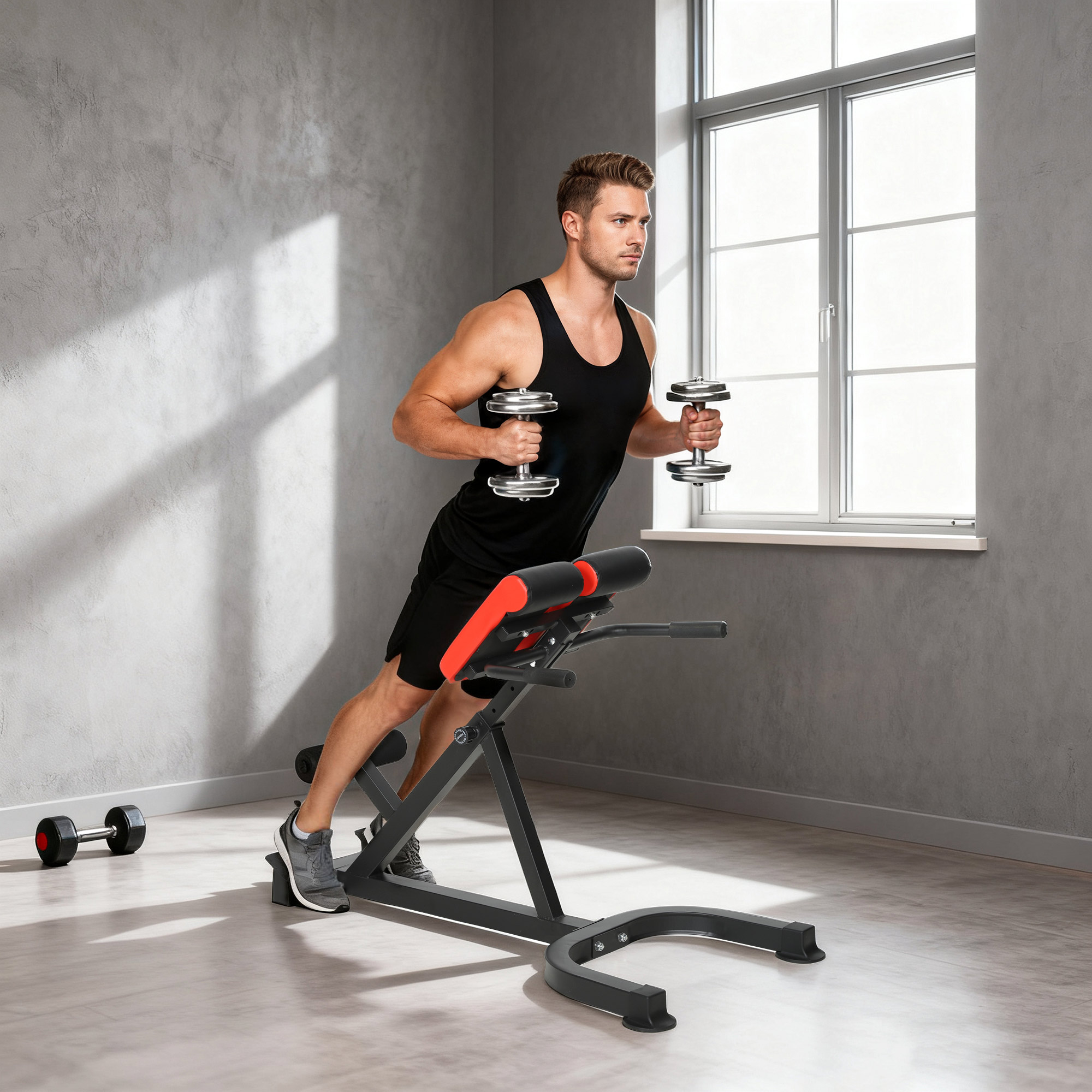 Trainingsstuhl, Fitnessbank, Hantelbank, Stahl, verstellbar, Griffe, Rot+Schwarz