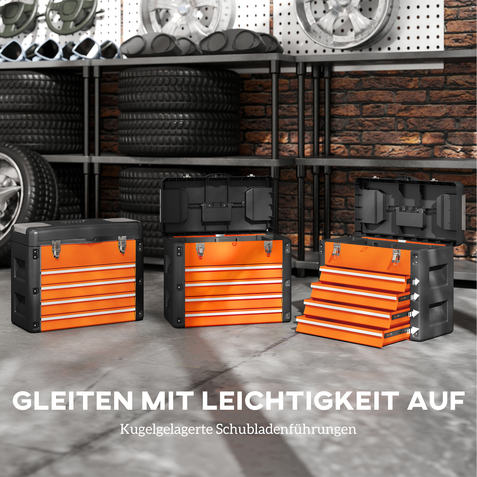 Werkzeugkiste leer, 49,7 x 25,3 x 40,7 cm Werkzeugkasten mit 4 Schubladen, Mini-Box Stahl Orange