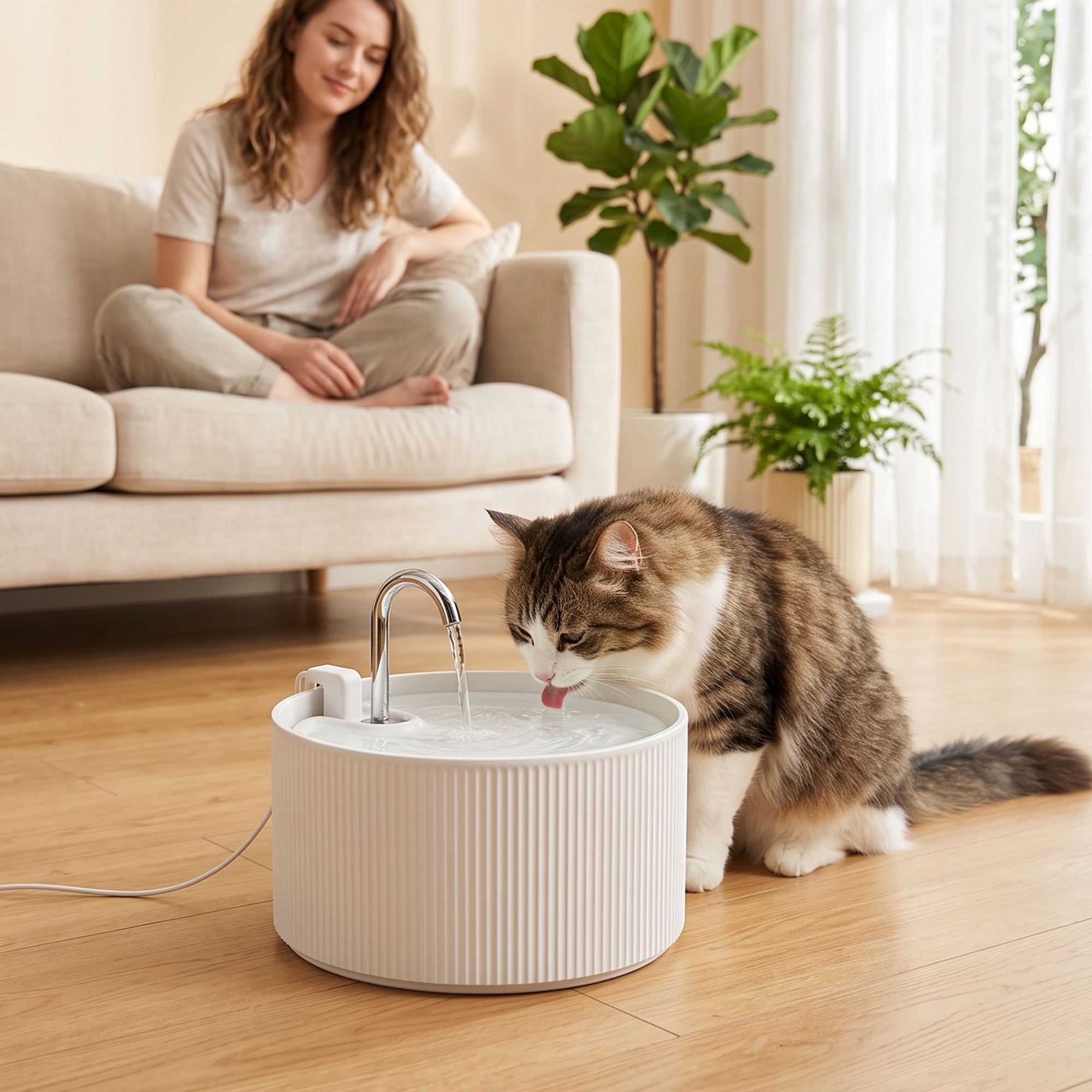 Katzenbrunnen 2,2L Keramik Trinkbrunnen mit 4-fach Filtersystem 2 Modi 1 Filter & Schaumstoff Ultraleise Pumpe, BPA-frei