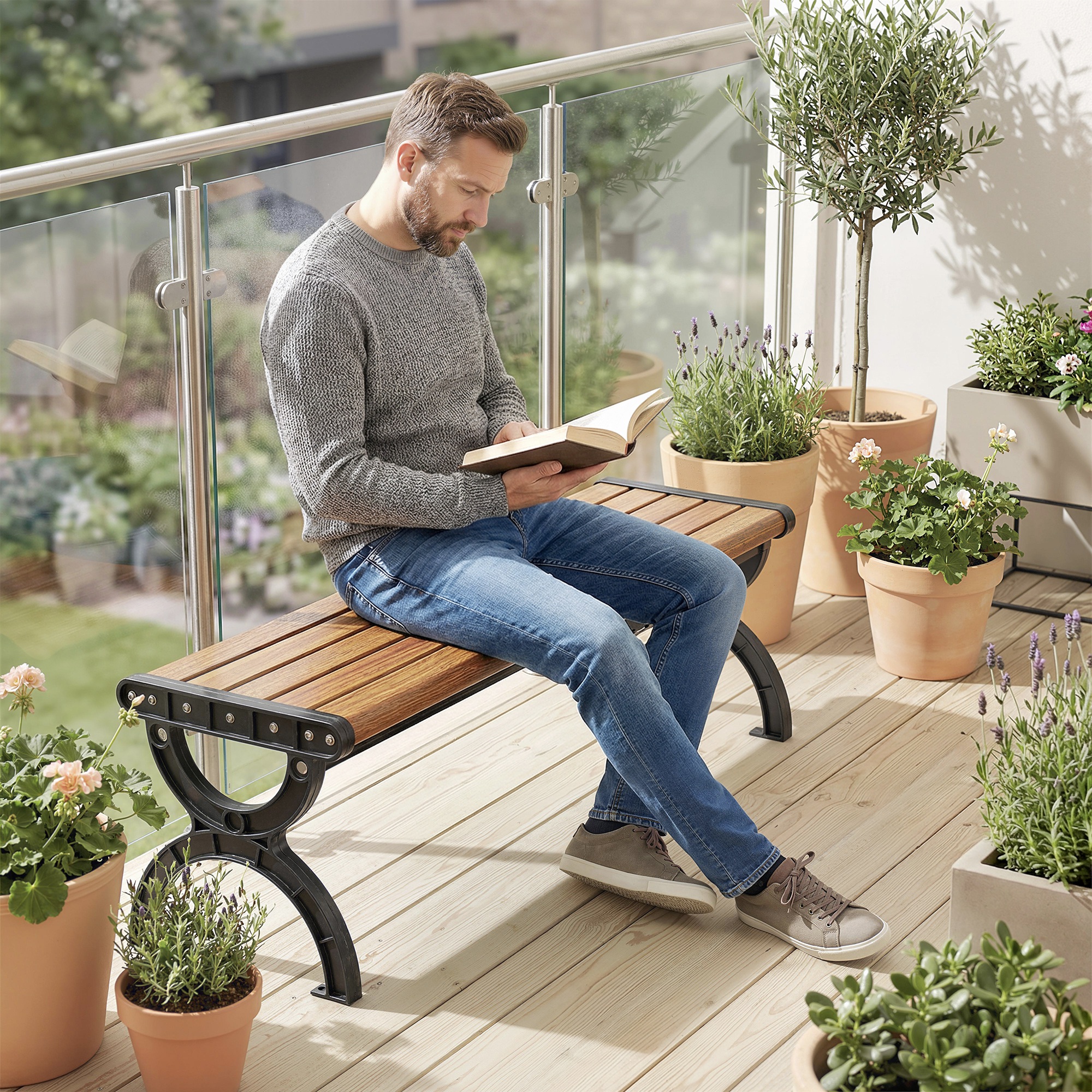 Gartenbank 2-Sitzer, Outdoor-Bank mit Metallrahmen und Latten-Sitz, Terrassenmöbel für Garten und Terrasse
