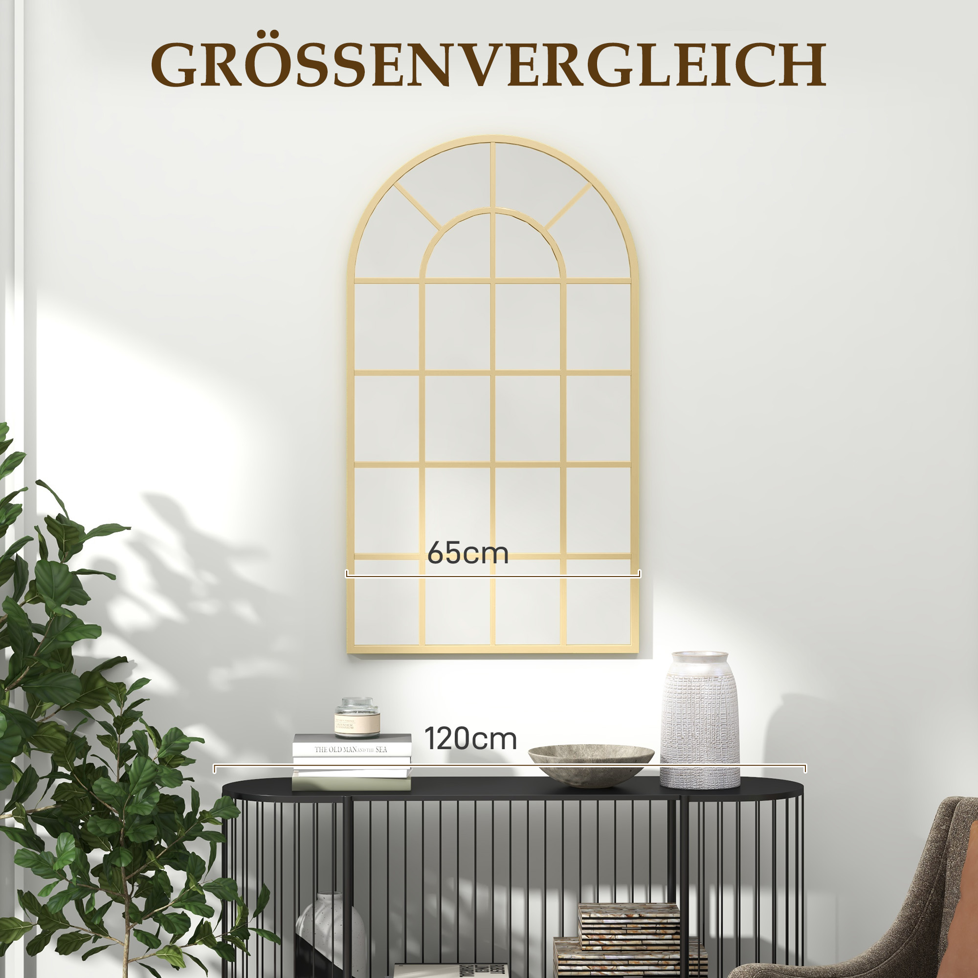 Wandspiegel, Fenster-Design, Flurspiegel, Metallrahmen, 110 x 65 cm, Gold