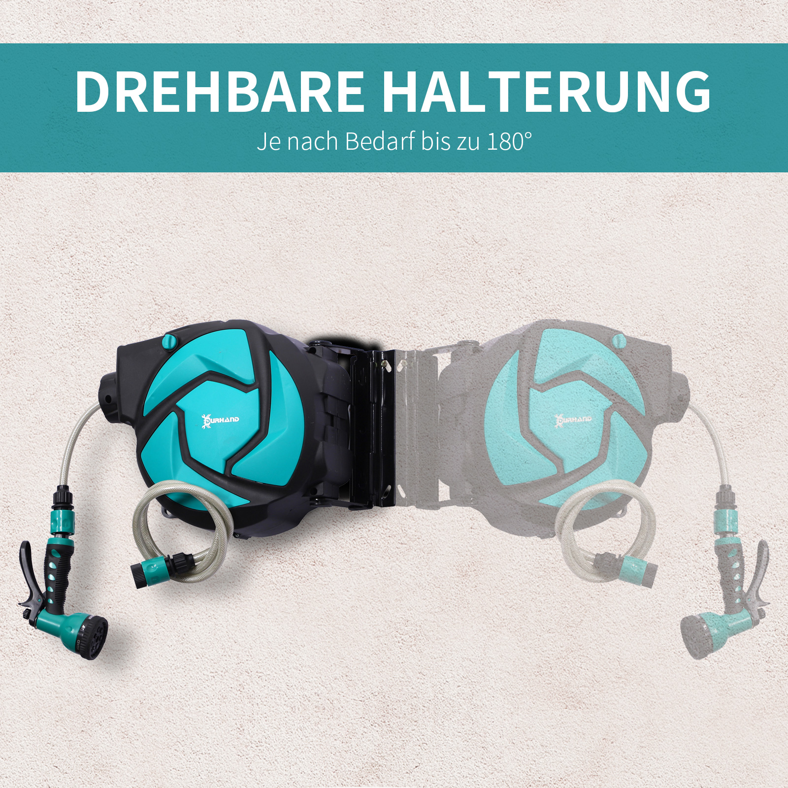 Schlauchtrommel mit Gartenschlauch 10 m Wasserschlauchaufroller mit automatische Aufrollung Wandschlauchbox 180° schwenkbar mit Multibrause Frostschutz -5–45 °C Grün + Schwarz
