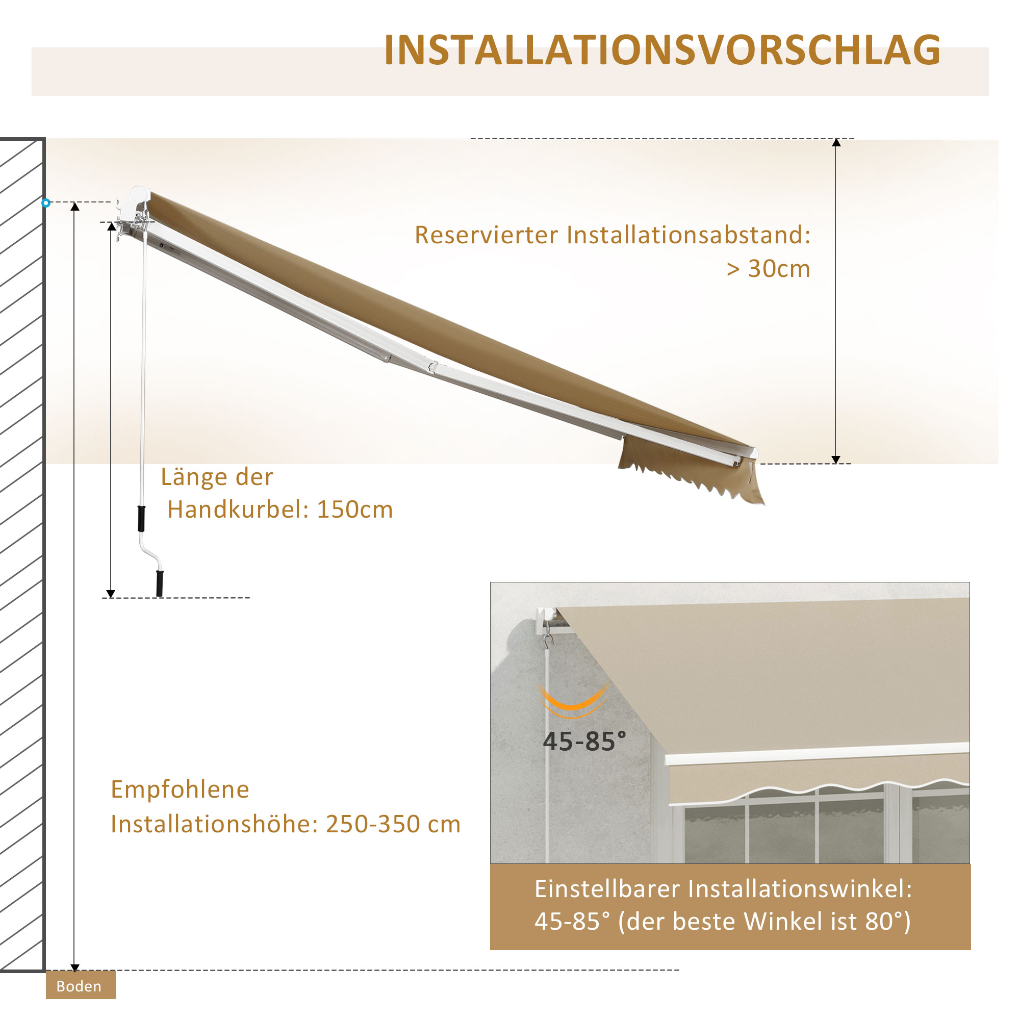 Markise, Sonnenschutz, einfahrbar, mit Handkurbel, Metallrahmen, Polyester, Weiß+Beige, 3,95 x 2,45 m