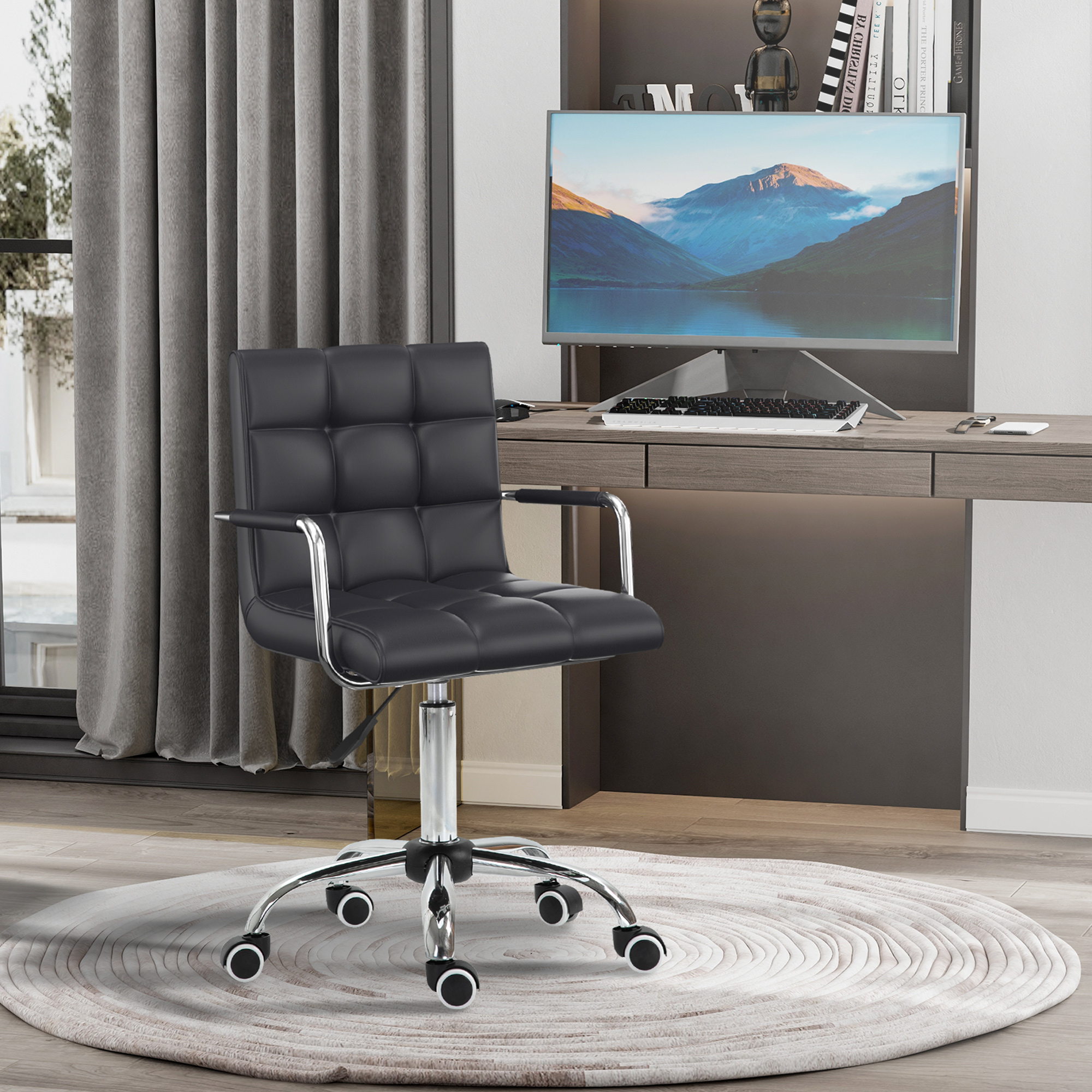 Bürostuhl im Retrodesign, höhenverstellbar, 5 Rollen, 52,5 cm x 54 cm x 99 cm, Schwarz