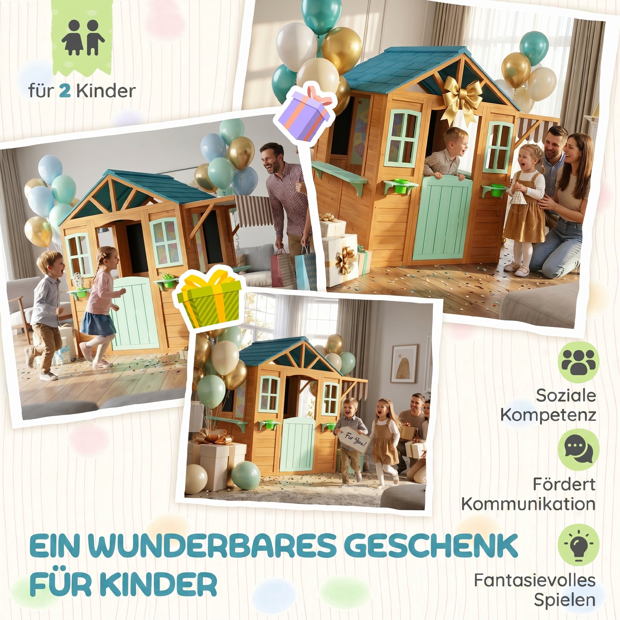 Outdoor Kinderspielhaus mit Verkaufstheke Pflanzenkasten Kreidetafel Zieltuch 4 Ball 142 x 120 x 141,5 cm Mehrfarbig