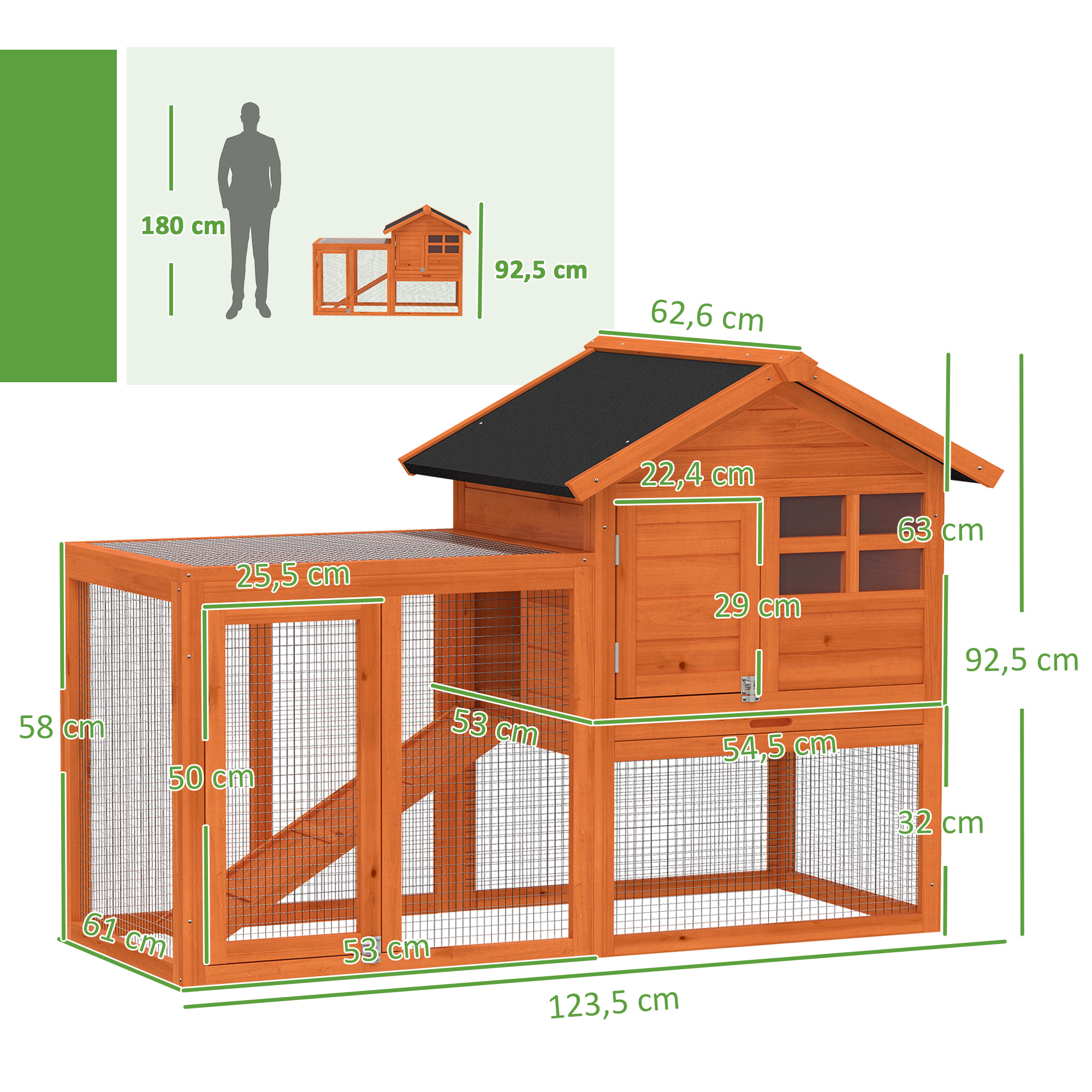Hasenstall 2 Etagen Kaninchenstall mit wasserdicht Bitumendach Freilaufgehege Rampe Türen Holz 123,5x62,6x92,5 cm Orange