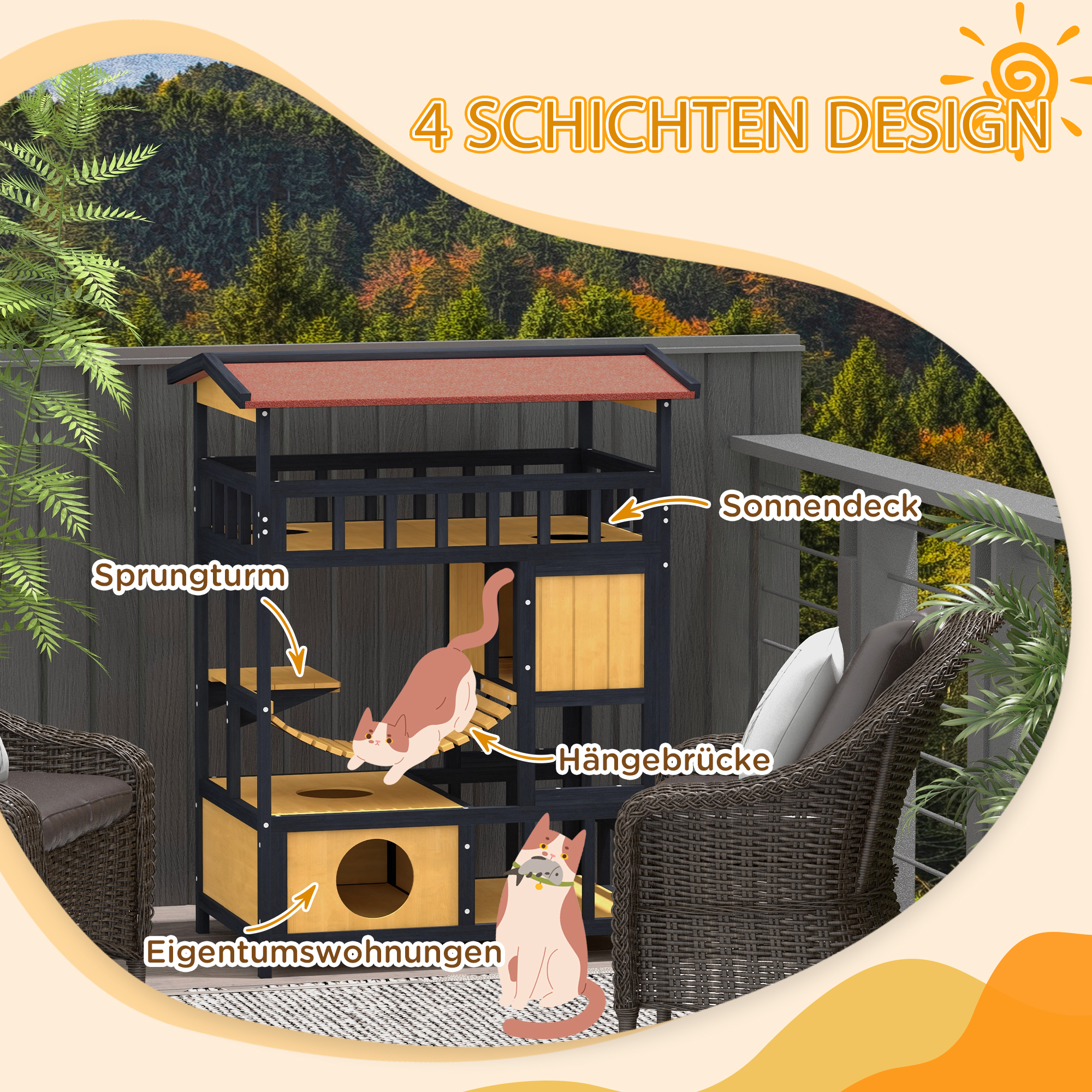 Katzenhaus, Katzenparadies mit Plattformen, Hängebrücke und Katzenhöhlen, für bis zu 2 Katzen geeignet, Holz